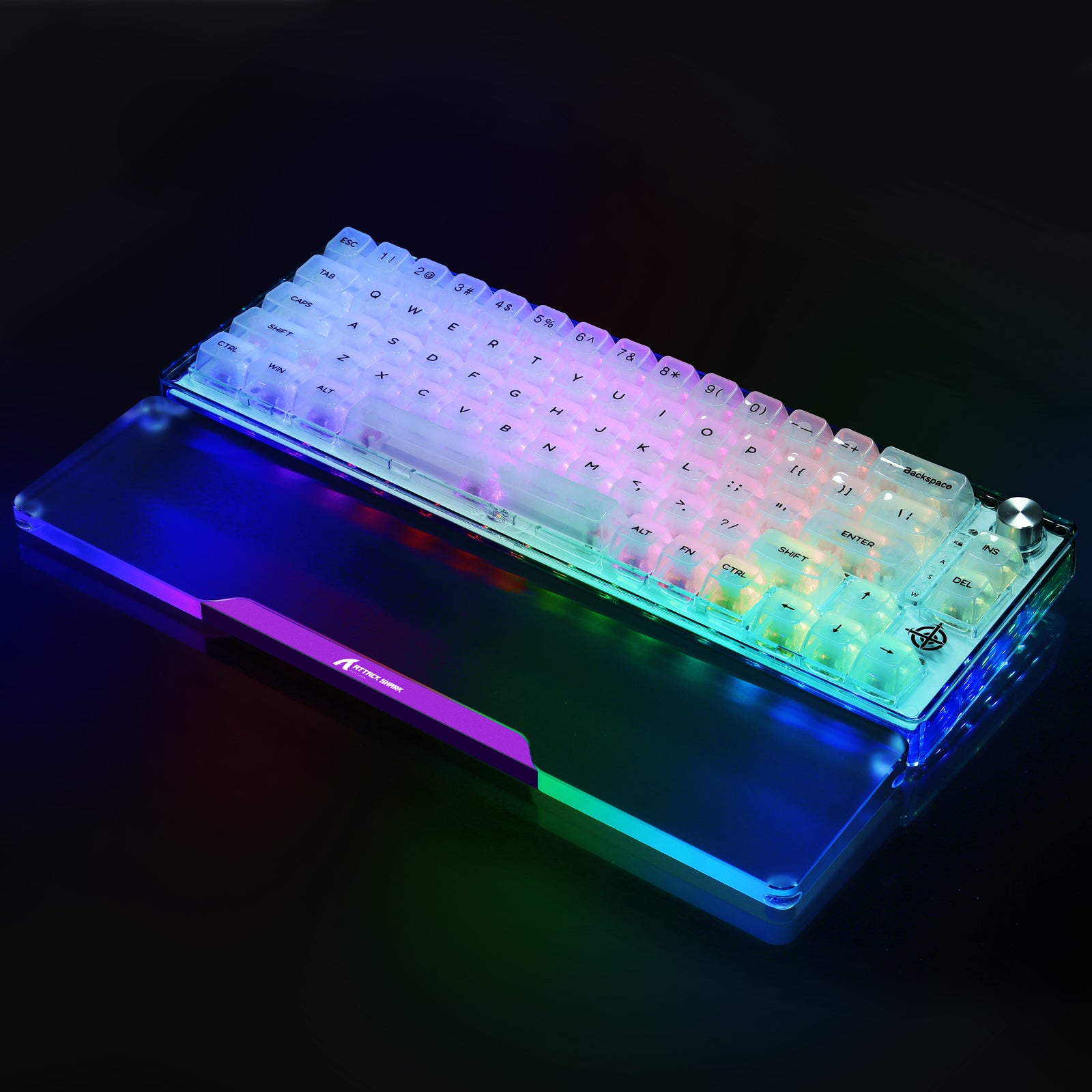 RGB mechanical keyboard with translucent keycaps and clear acrylic wrist rest.