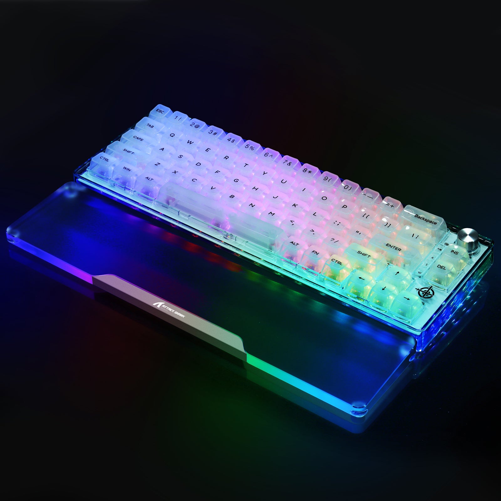 RGB mechanical keyboard with translucent keycaps and acrylic wrist rest glowing in colors.