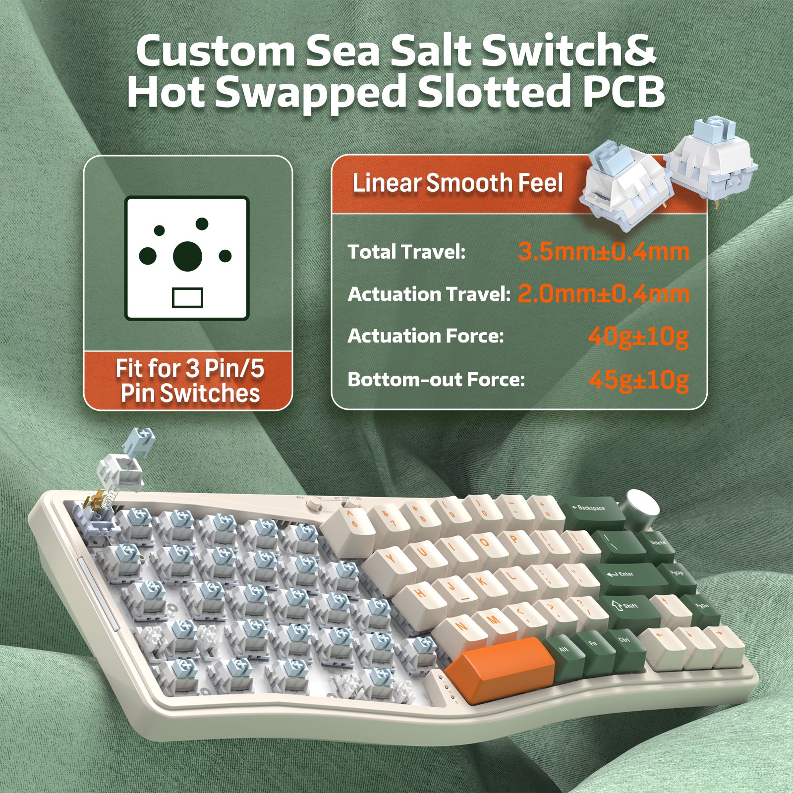 Custom sea salt switches with hot-swappable PCB for AKS068 PRO keyboard.