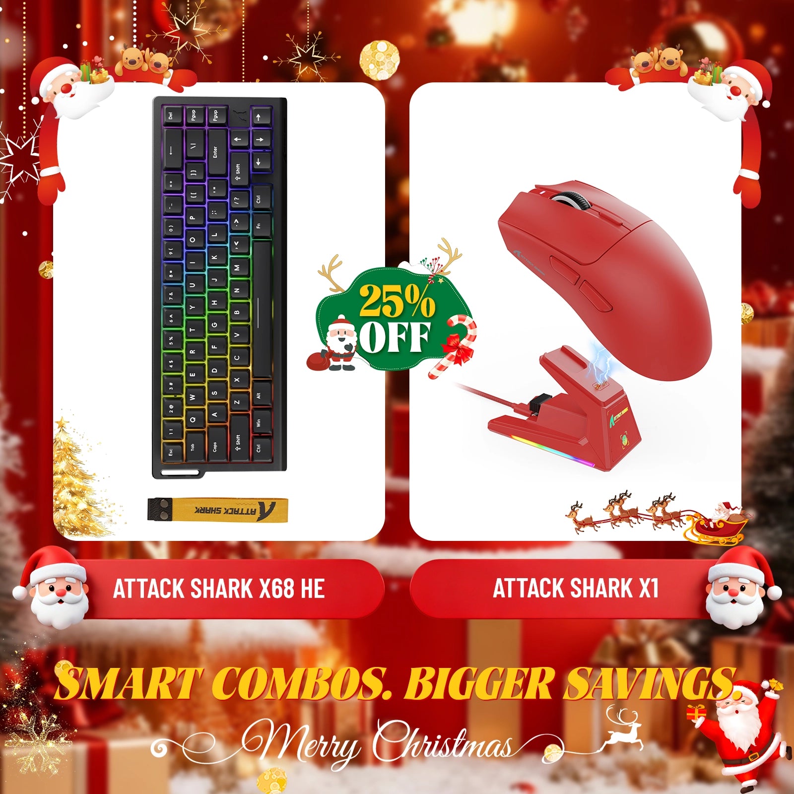 Paquete de teclado de disparo rápido ATTACK SHARK X68HE + ratón inalámbrico para juegos X1