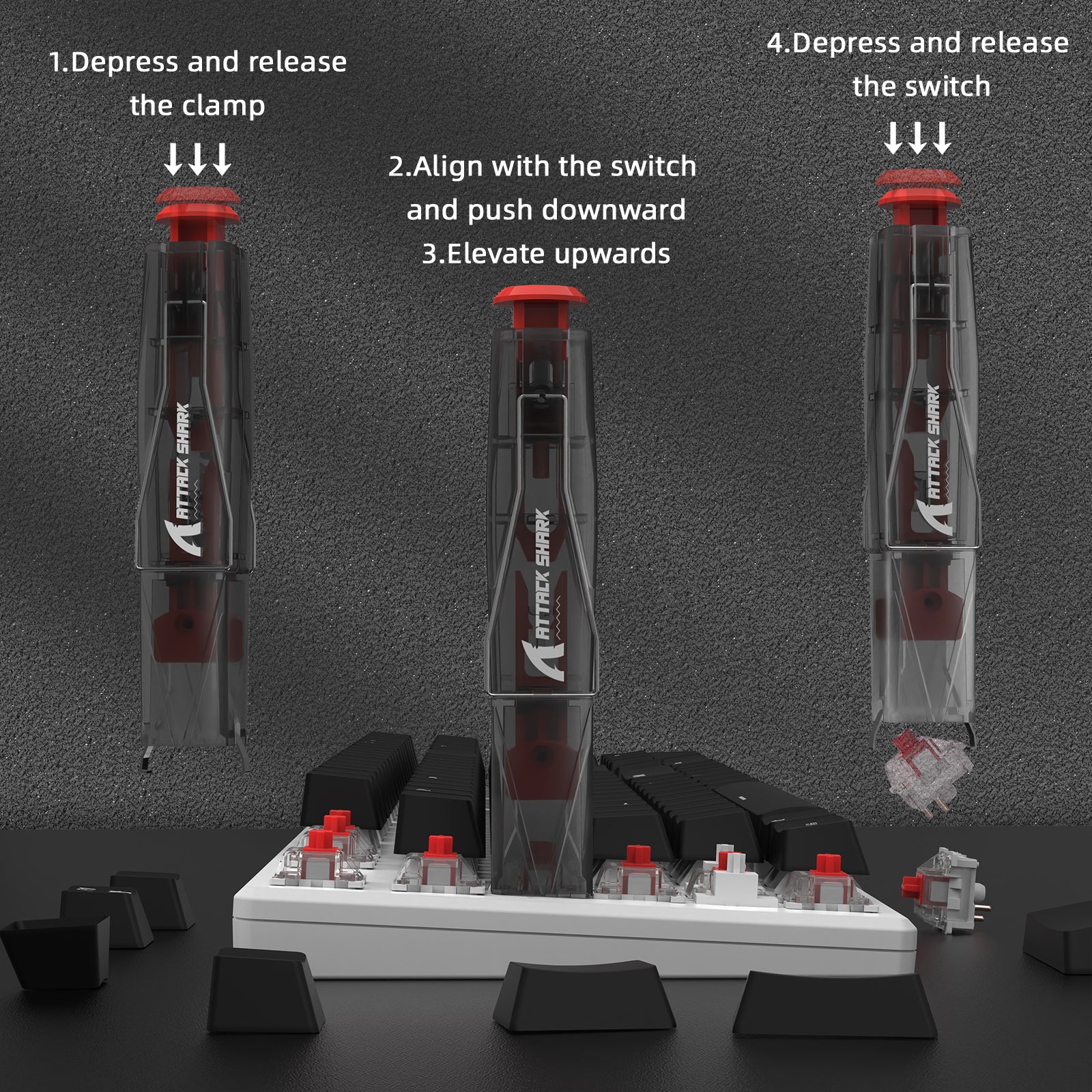 Step-by-step illustration of using the Attack Shark keycap and switch puller.