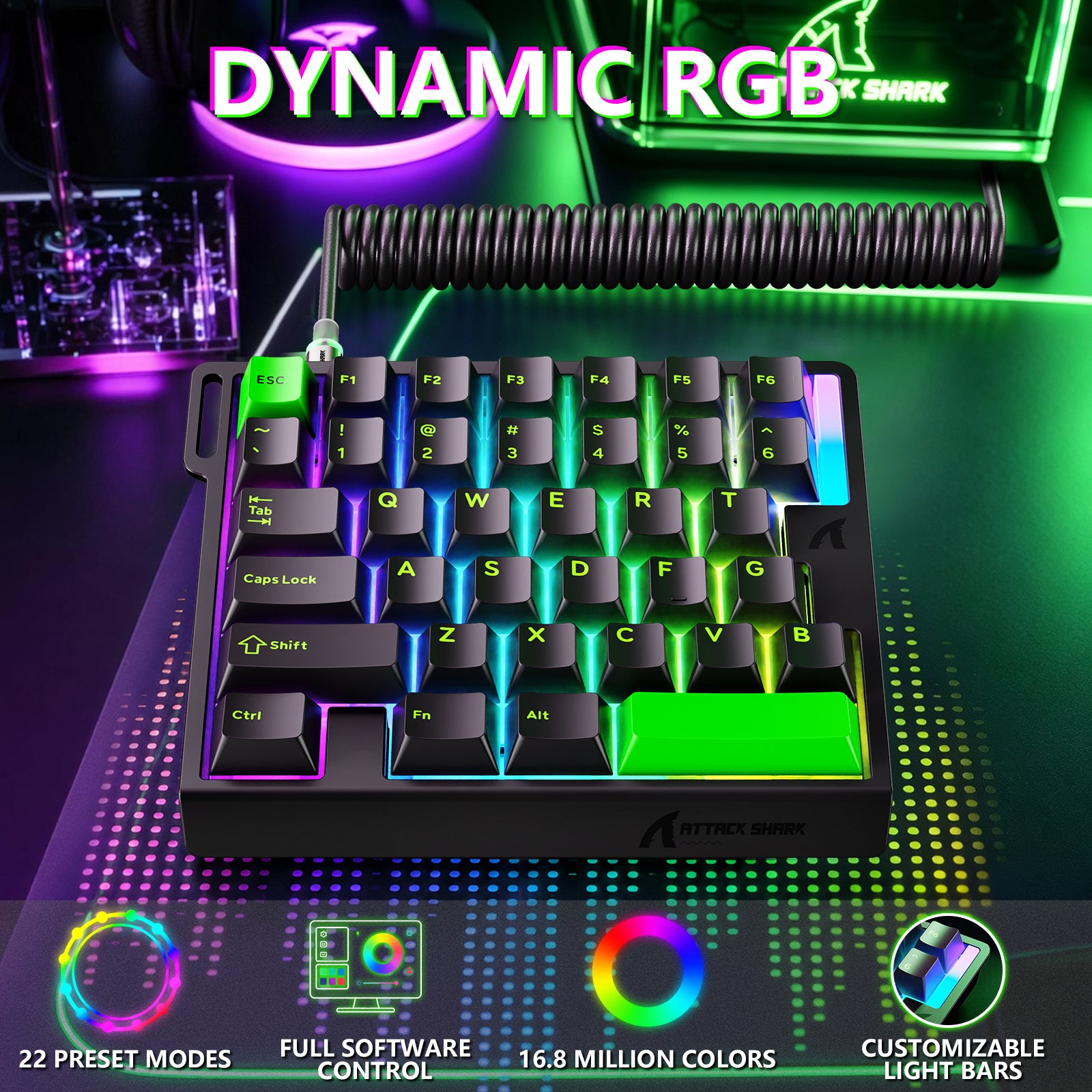 Teclado con interruptor magnético de una mano ATTACK SHARK M36 HE y cable aviador LED ULTRA C01