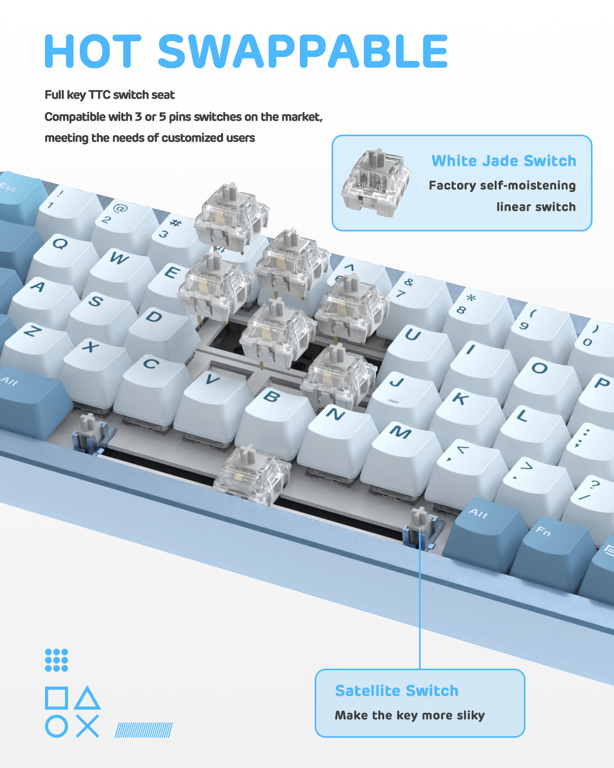 Hot-swappable TTC switches on Attack Shark M71 keyboard with white jade switches.