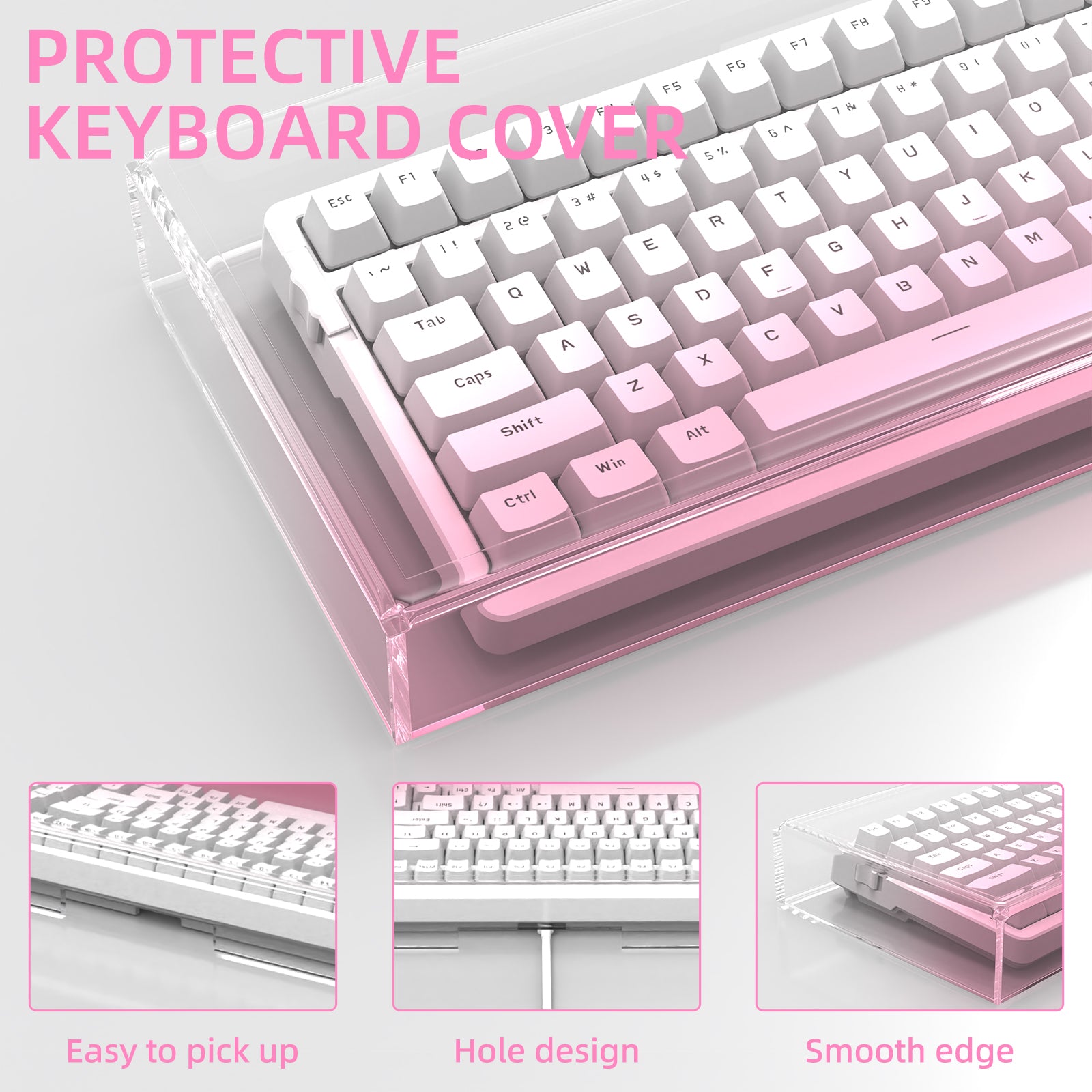 Pink acrylic keyboard cover for 98 keys with easy pick-up and smooth edge design.