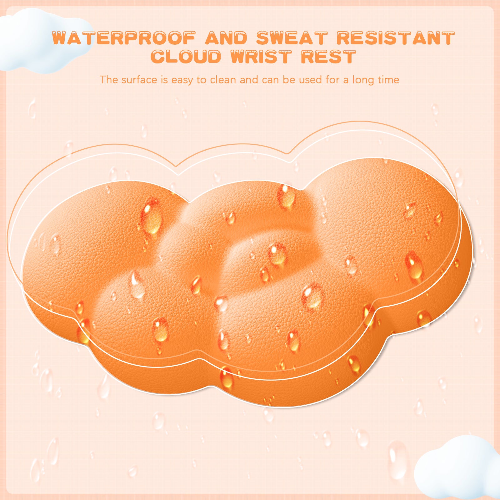 Orange cloud wrist rest showcasing waterproof and easy-clean features with droplets.