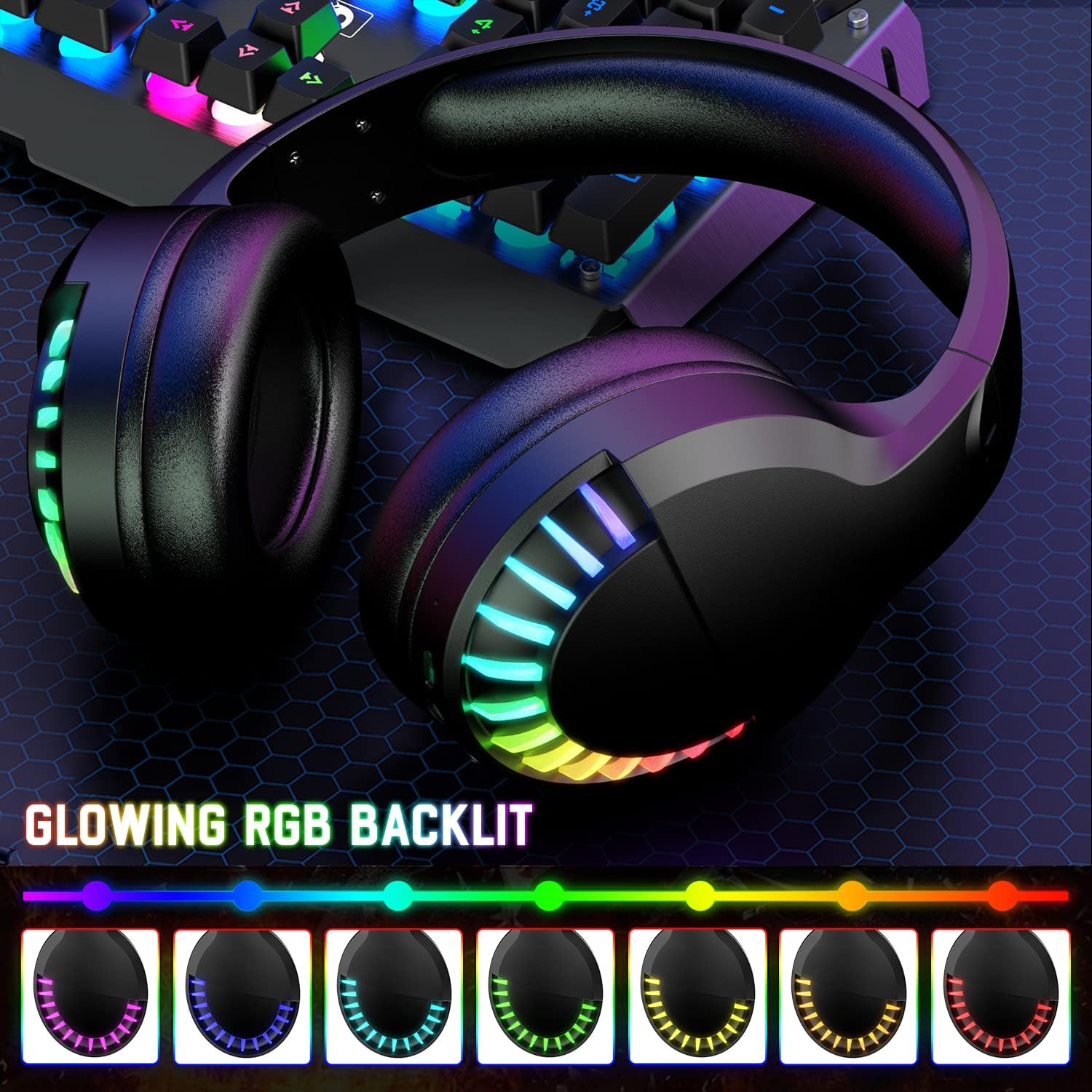 Wireless Bluetooth headset with colorful RGB backlighting and ergonomic sound design