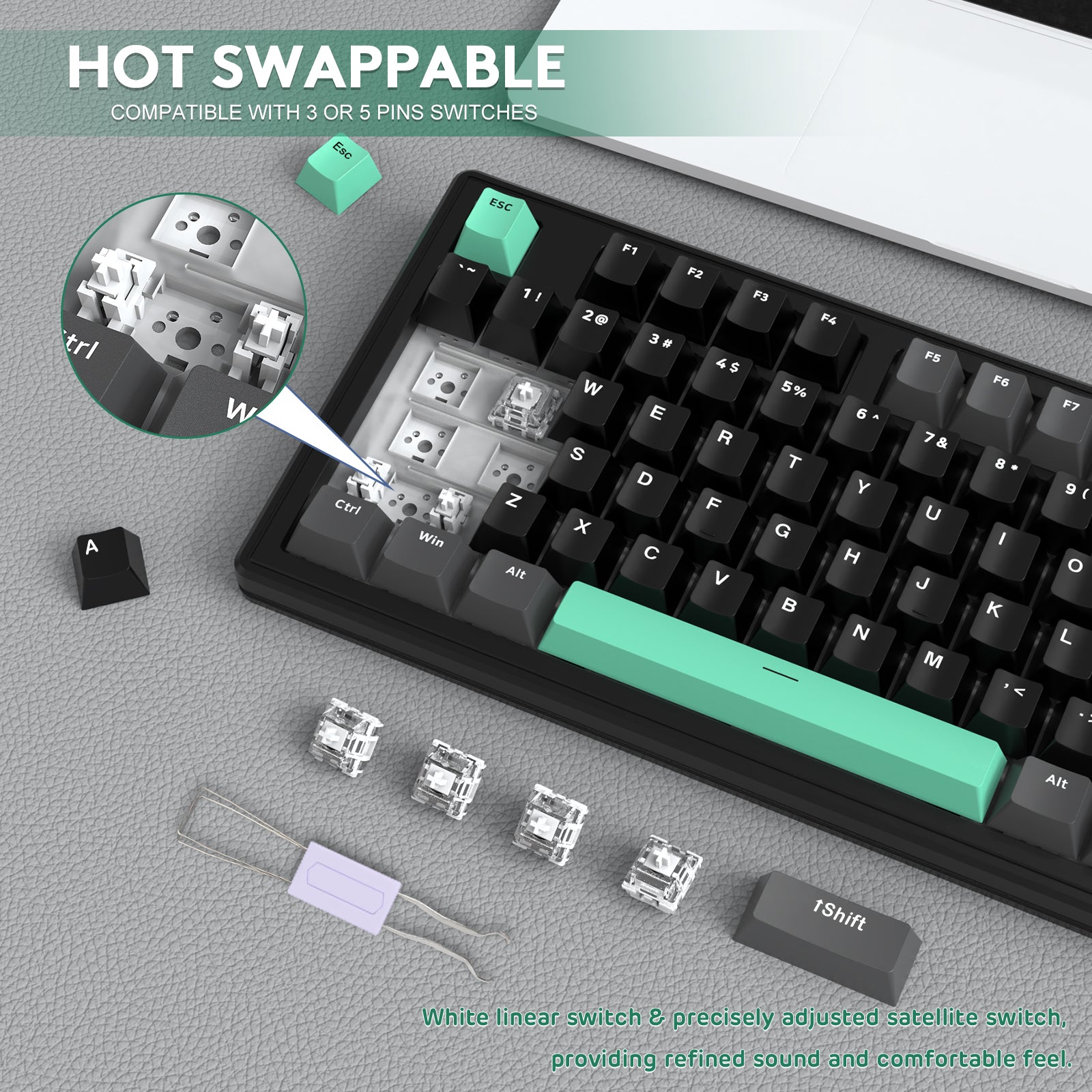 Hot-swappable switches on Attack Shark M87 keyboard with gradient keycaps.