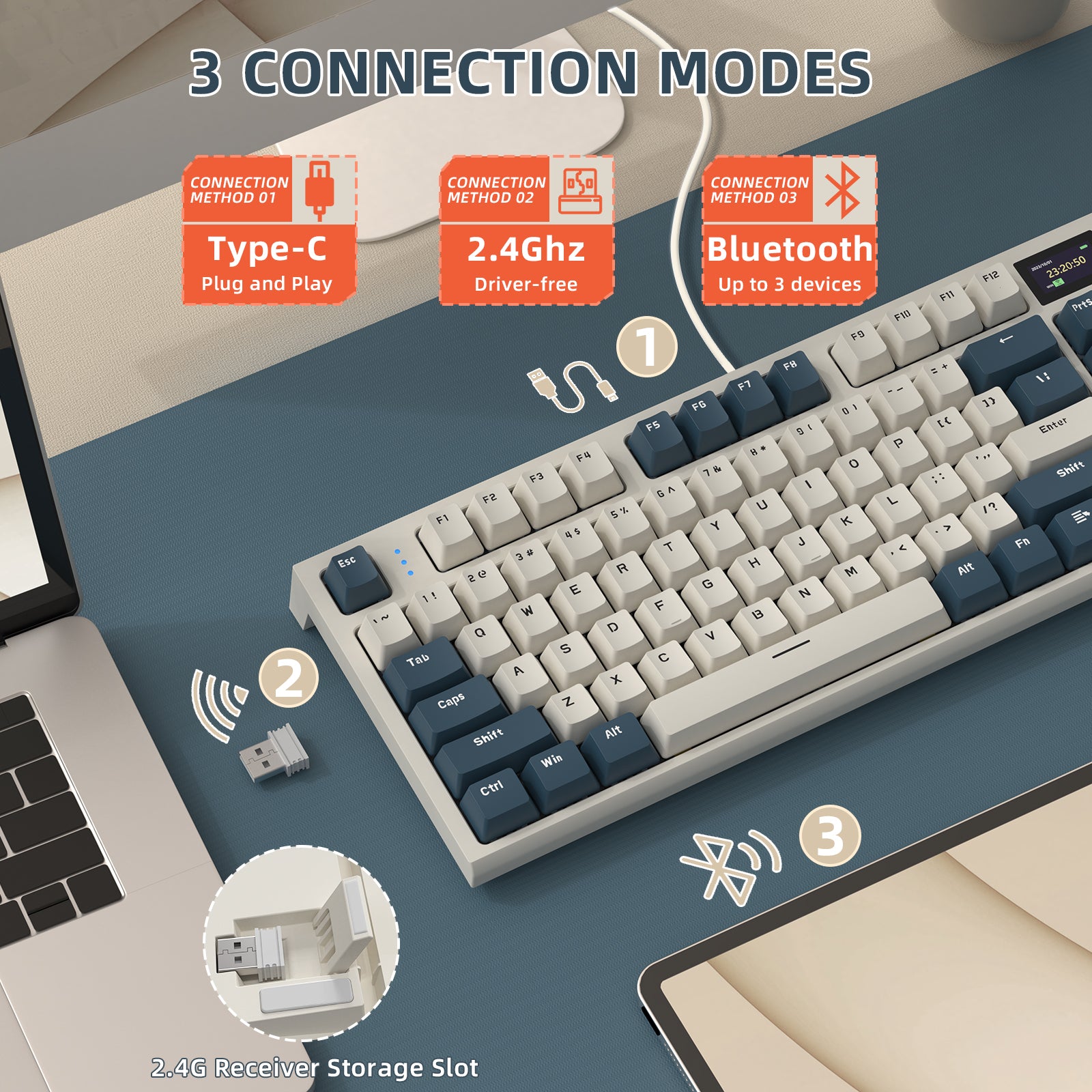 K86 wireless mechanical keyboard showing Type-C, 2.4GHz, and Bluetooth connection options.