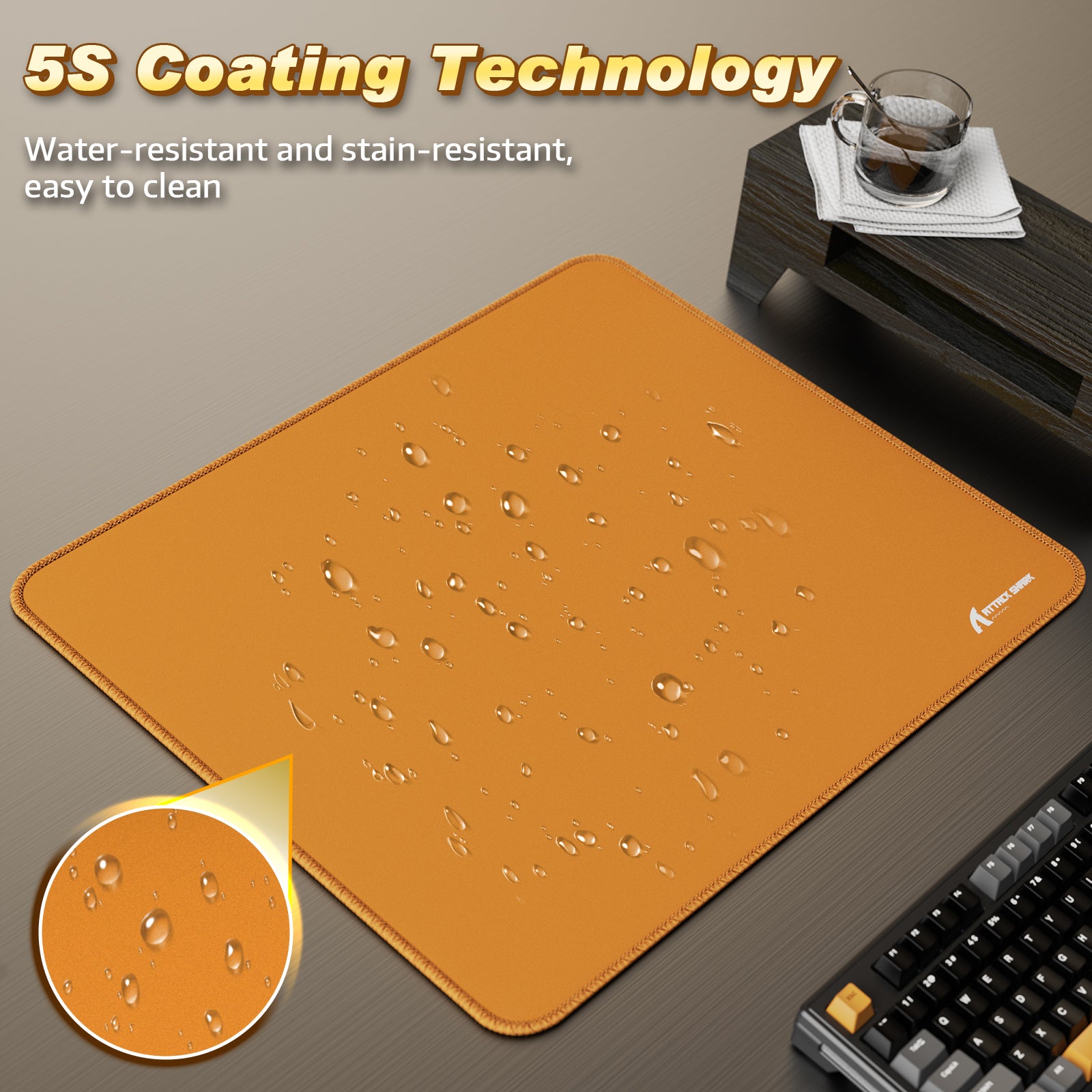 Orange Attack Shark mouse pad featuring 5S water-resistant coating and liquid droplets