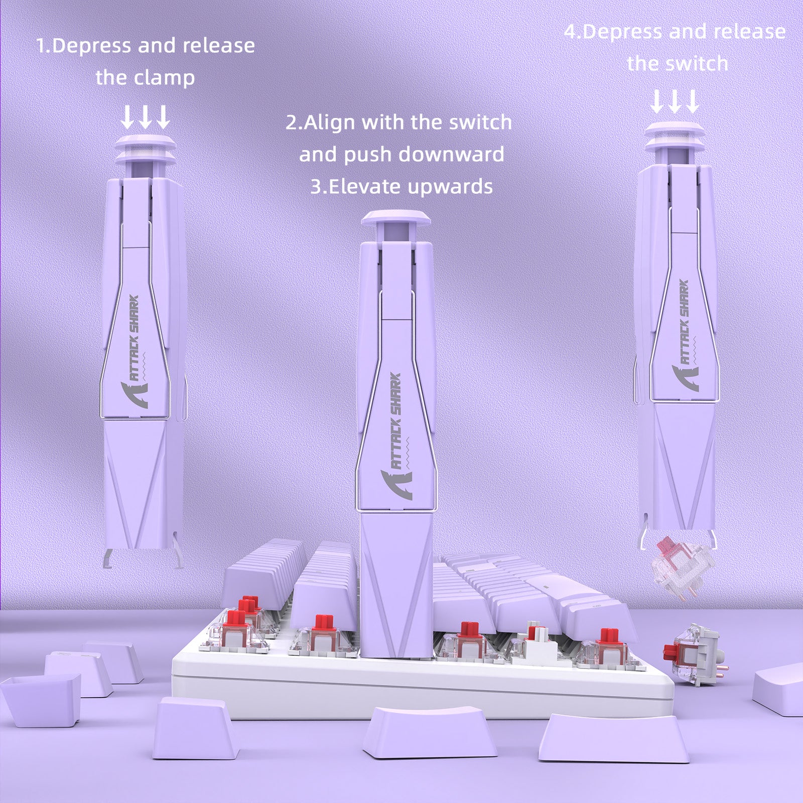 Step-by-step guide for using Attack Shark lavender keycap and switch puller on keyboard.