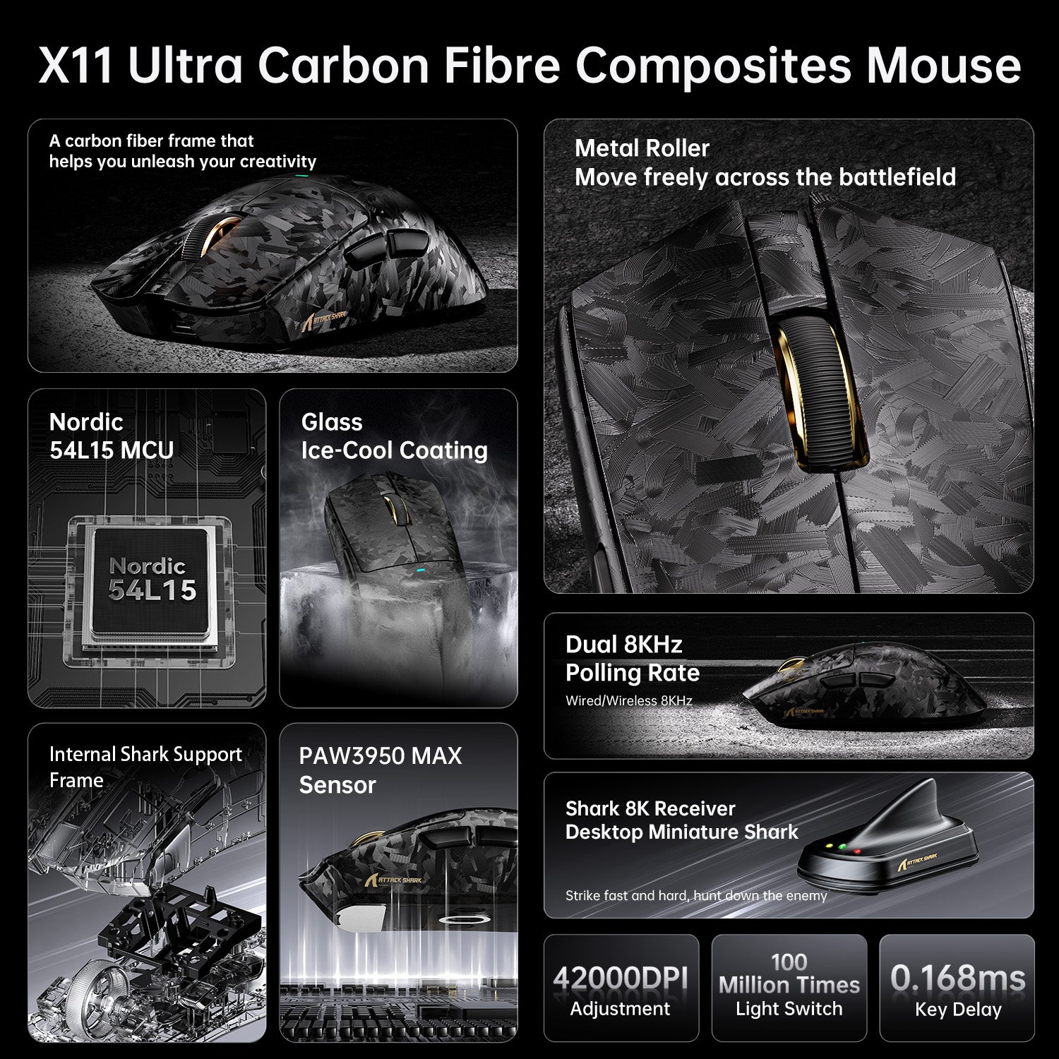 Ratón gaming inalámbrico ATTACK SHARK X11 ULTRA 8K de fibra de carbono PAW3950MAX