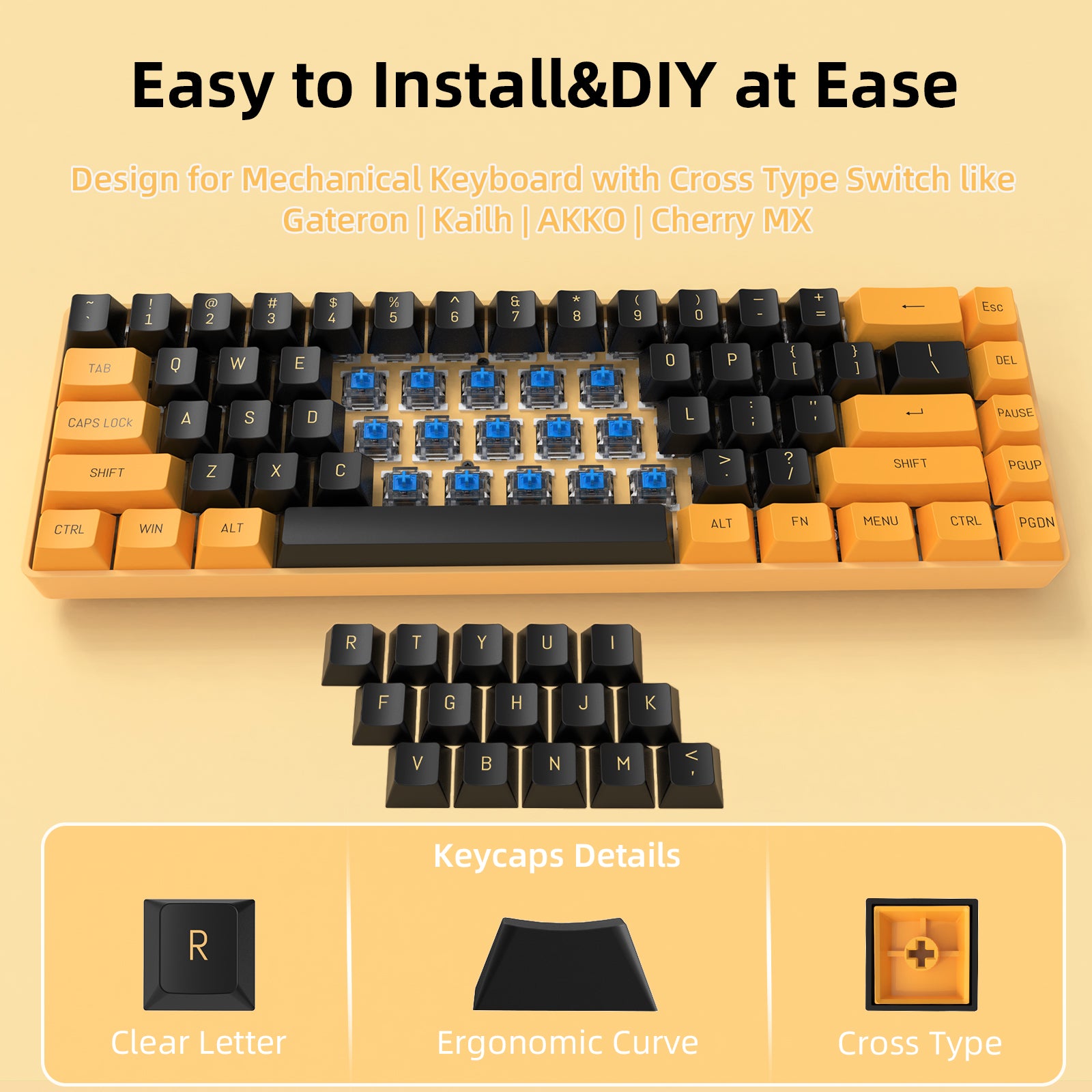 Black and gold PBT keycap set with ergonomic design for mechanical keyboards.