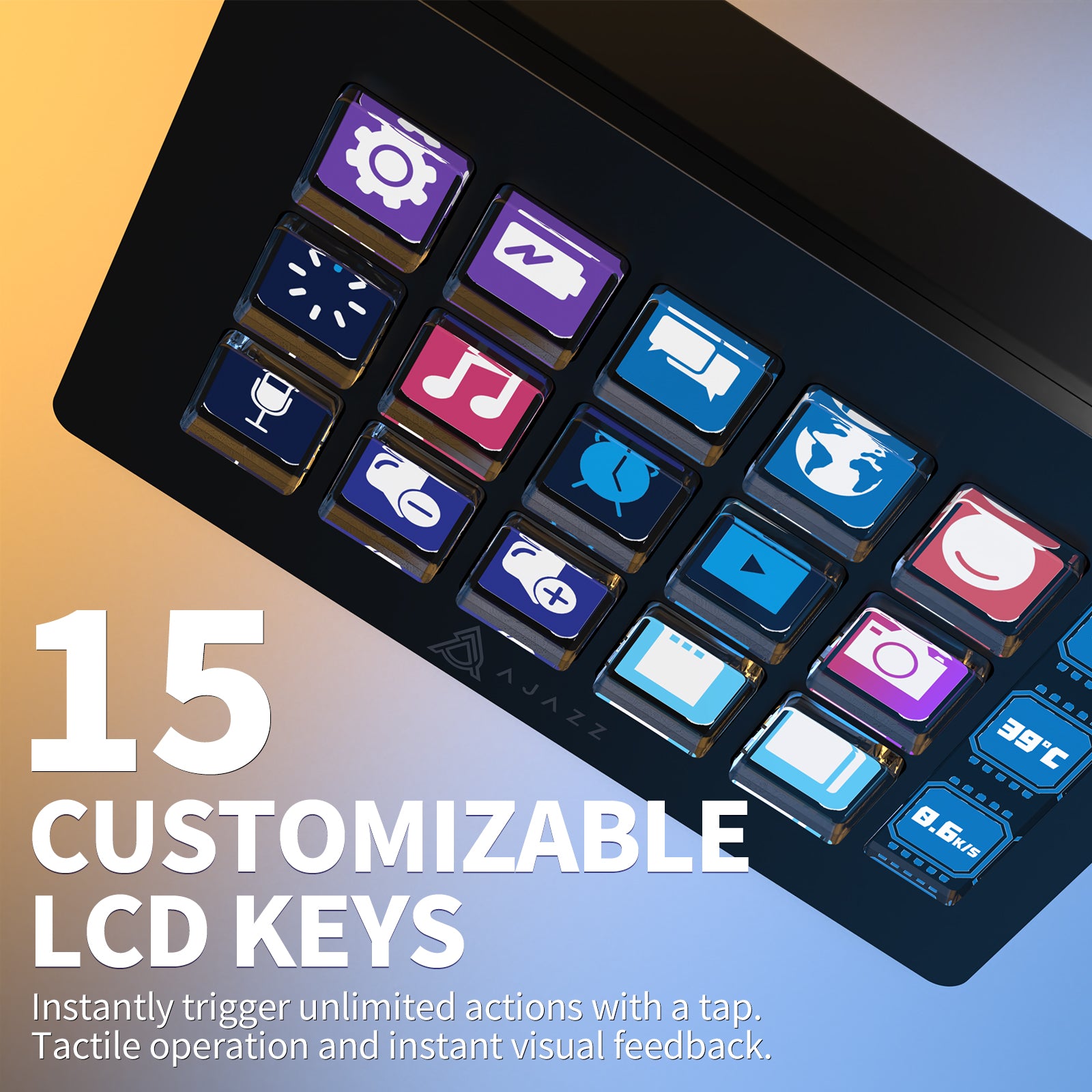 AJAZZ AKP153 Stream Deck with 15 LCD keys for customizable app shortcuts and instant feedback.