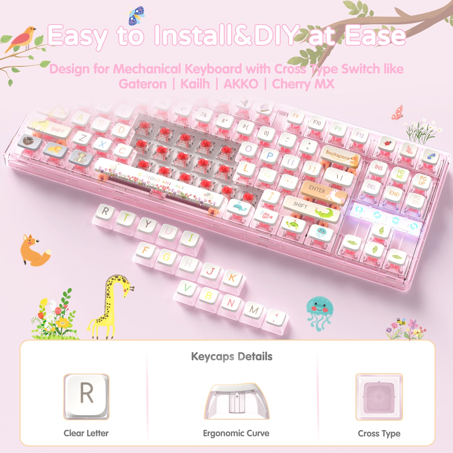 Pink mechanical keyboard with kawaii animal keycaps, easy DIY installation for cross-type switches.