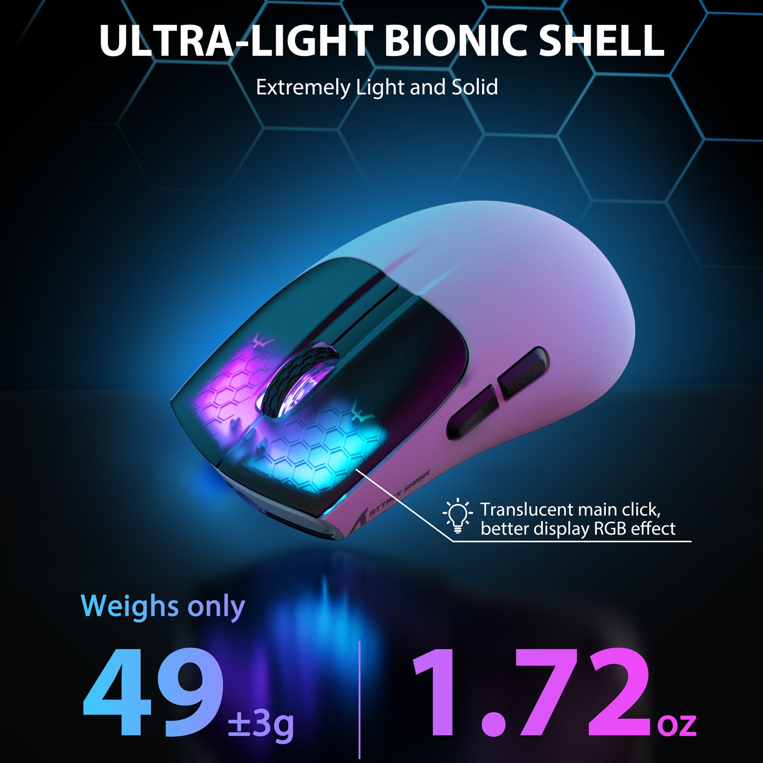 Ultra-light Attack Shark X5 wireless gaming mouse showcasing RGB lighting and weight.