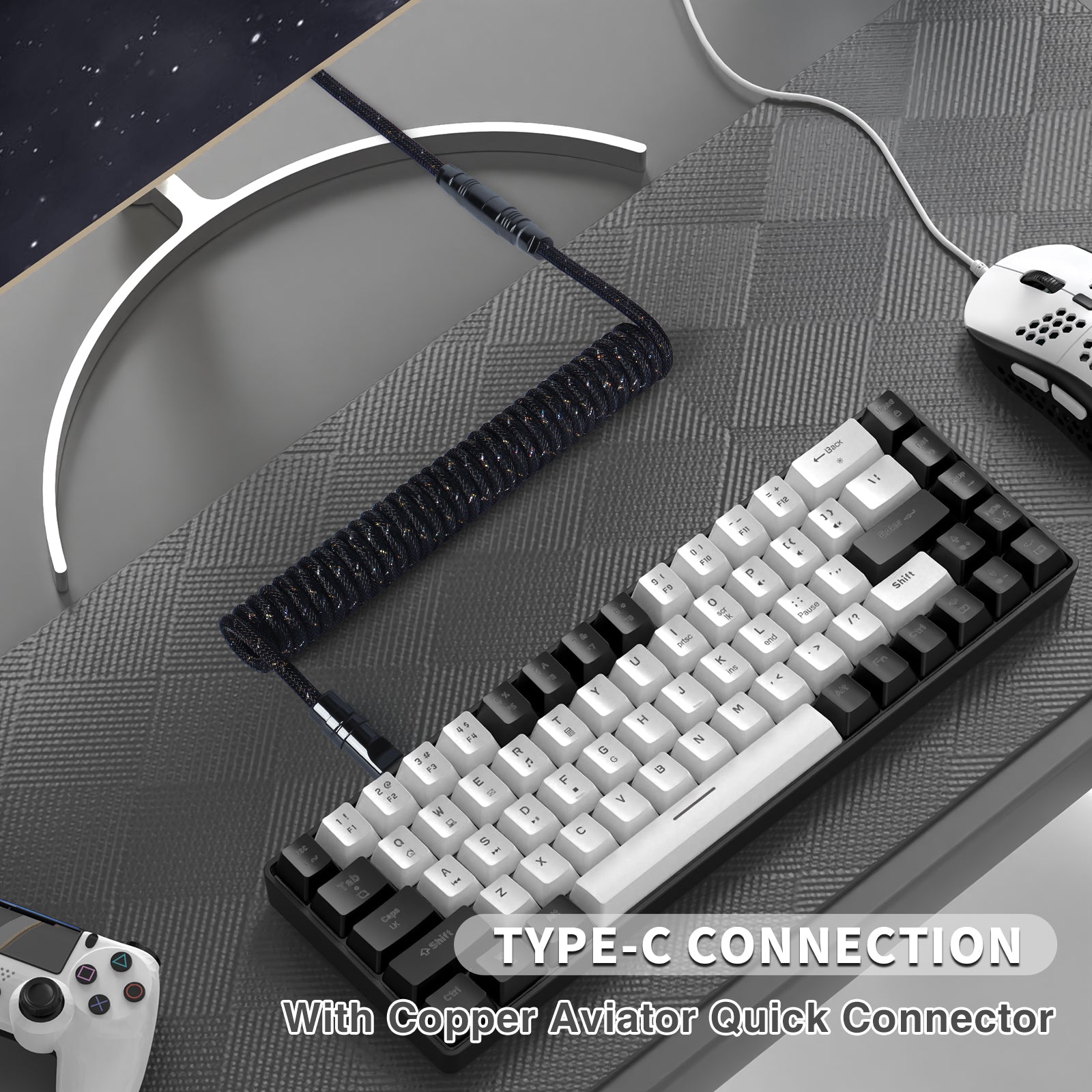 Gaming keyboard with coiled Type-C cable and copper aviator quick connector.