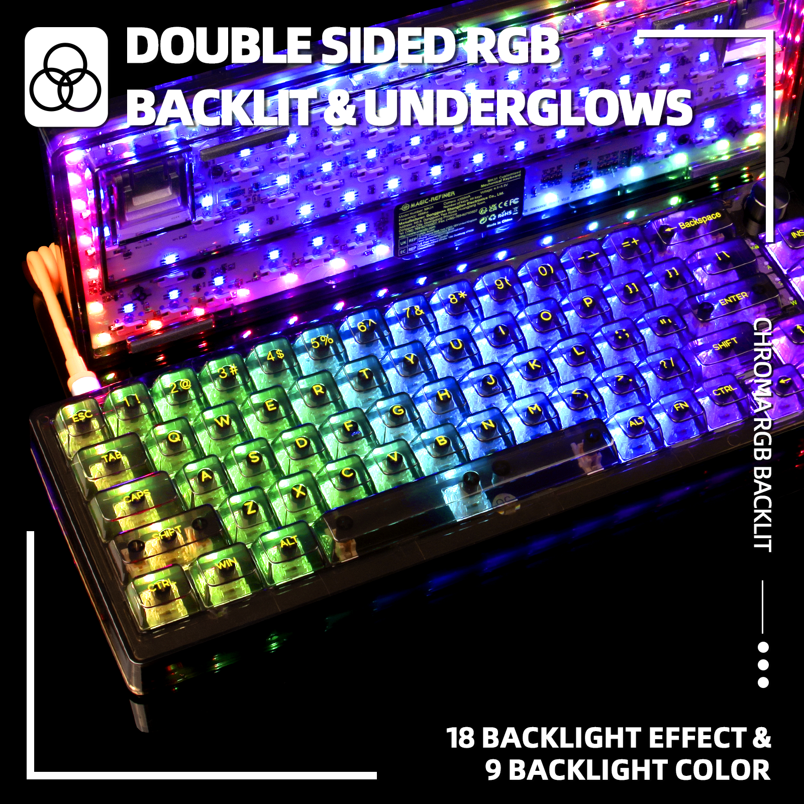 MK31 keyboard with double-sided RGB and 18 lighting effects showcasing vibrant colors.