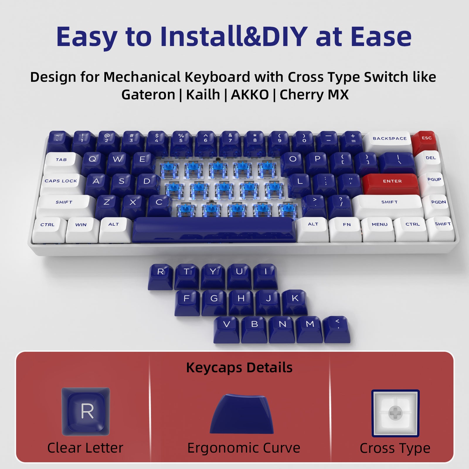 PBT keycap set with blue and white keys, red modifiers, and ergonomic design for mechanical keyboards