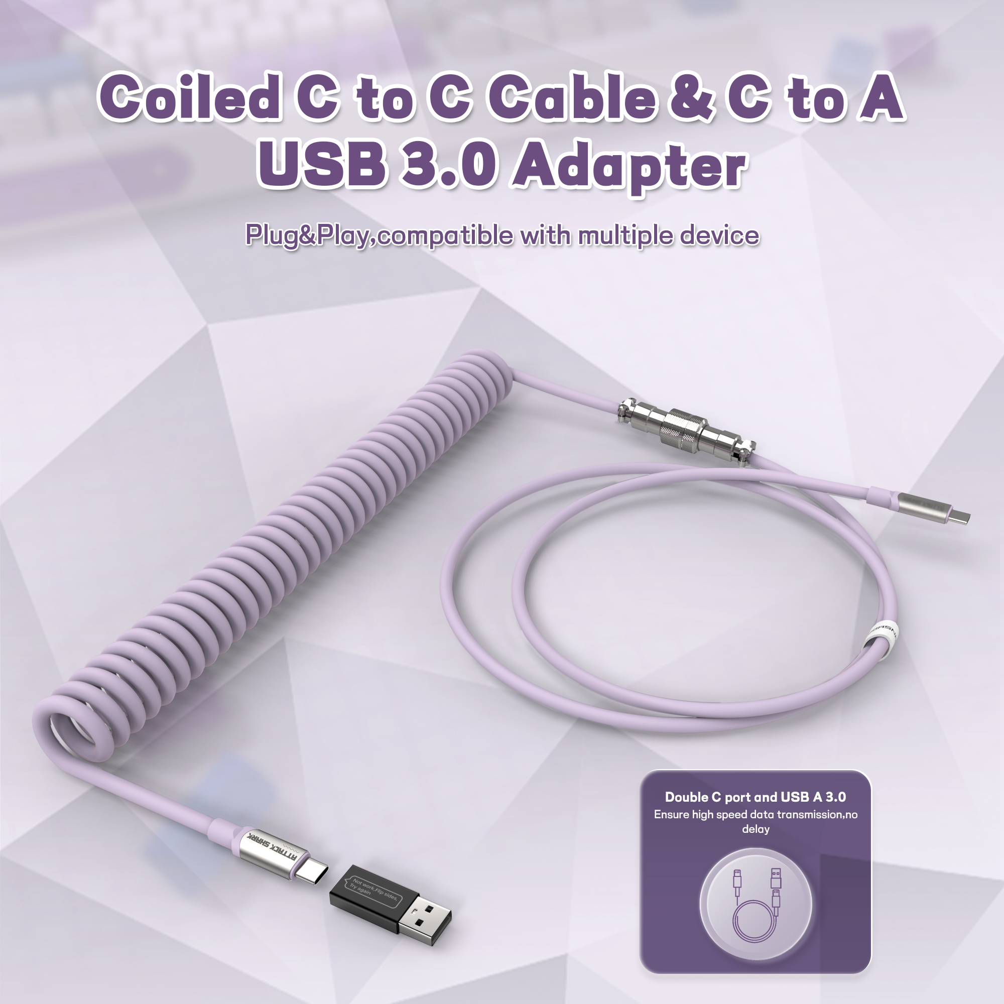 Lavender coiled USB C cable with USB-A adapter for versatile device connectivity.