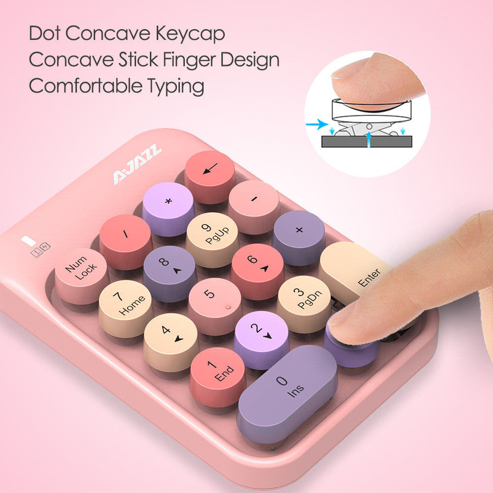 AJAZZ AK18 pink wireless numeric keypad showcasing ergonomic dot concave keycaps and comfort.