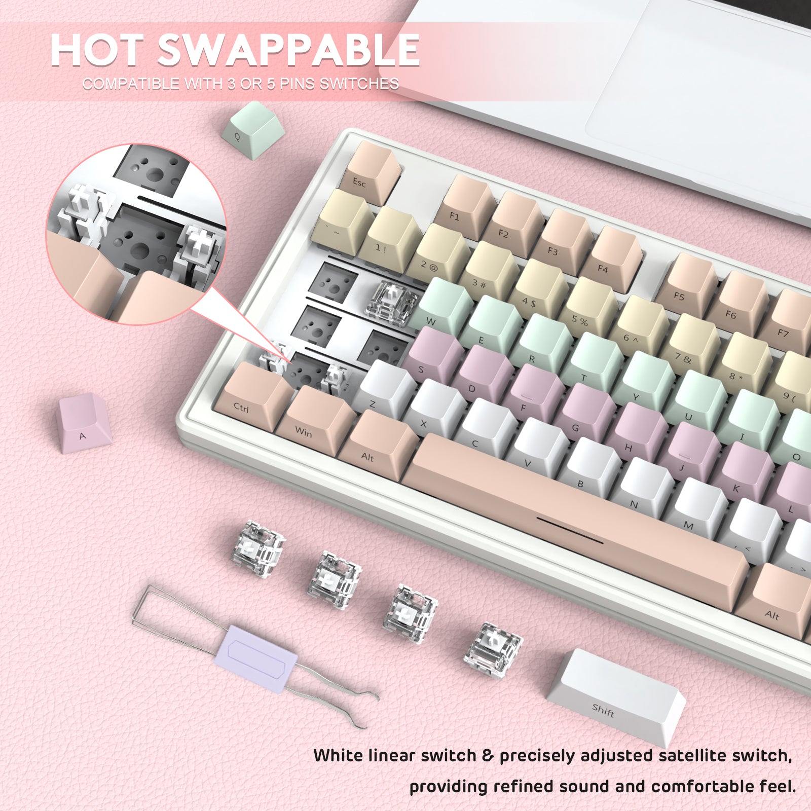 Hot-swappable switches shown on Attack Shark M87 keyboard with pastel gradient keycaps.