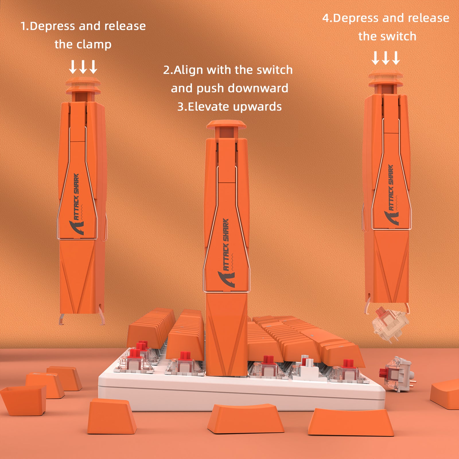 Step-by-step guide for using Attack Shark keycap and switch puller on mechanical keyboard.