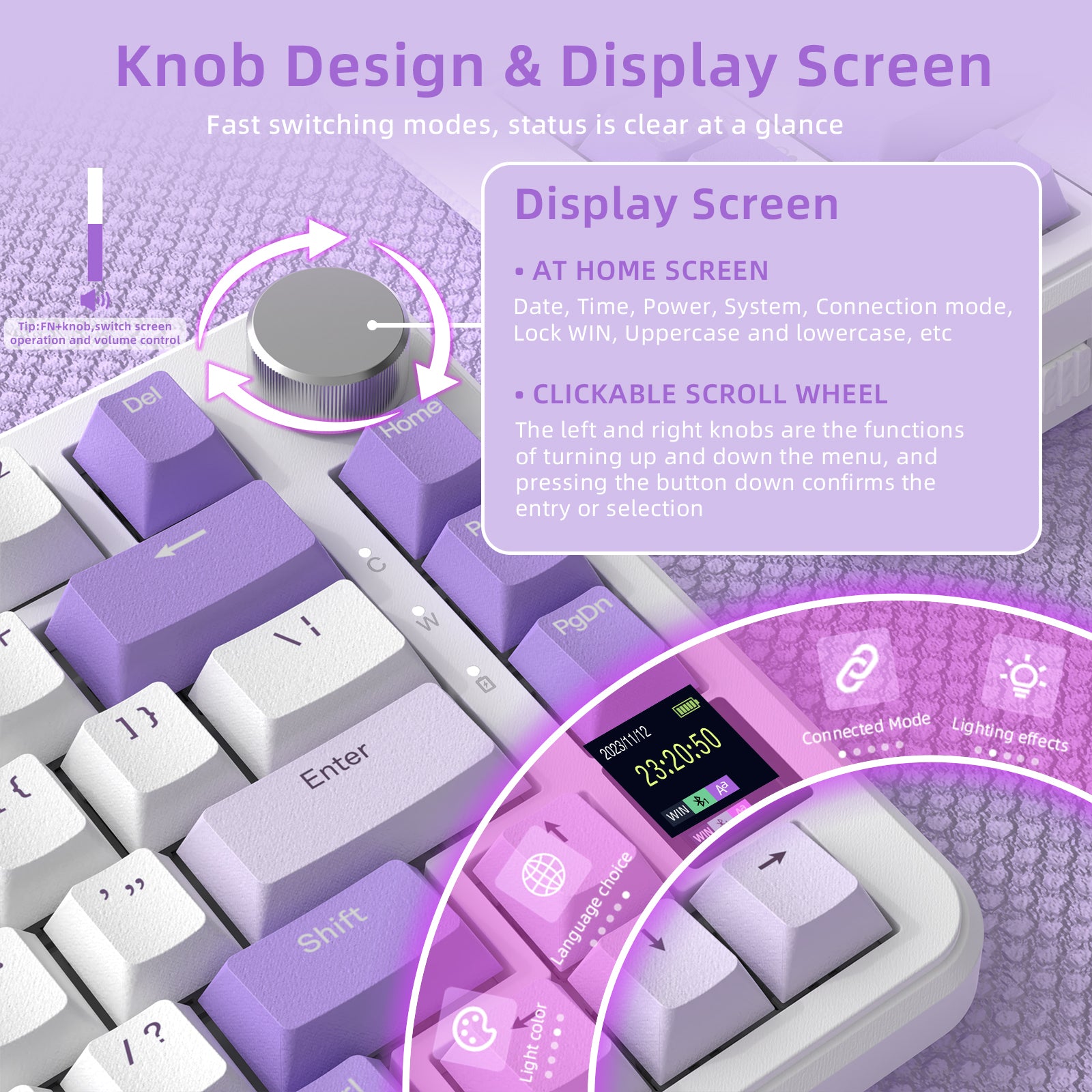 Knob and display of ATTACK SHARK X85PRO keyboard showing connection modes and settings.