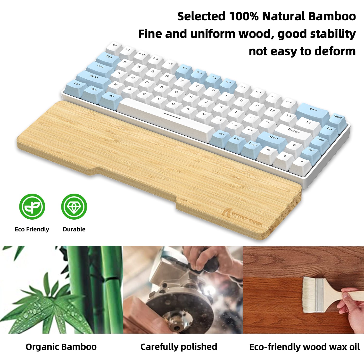 Bamboo wrist rest with compact blue and white mechanical keyboard showcasing eco-friendly icons.