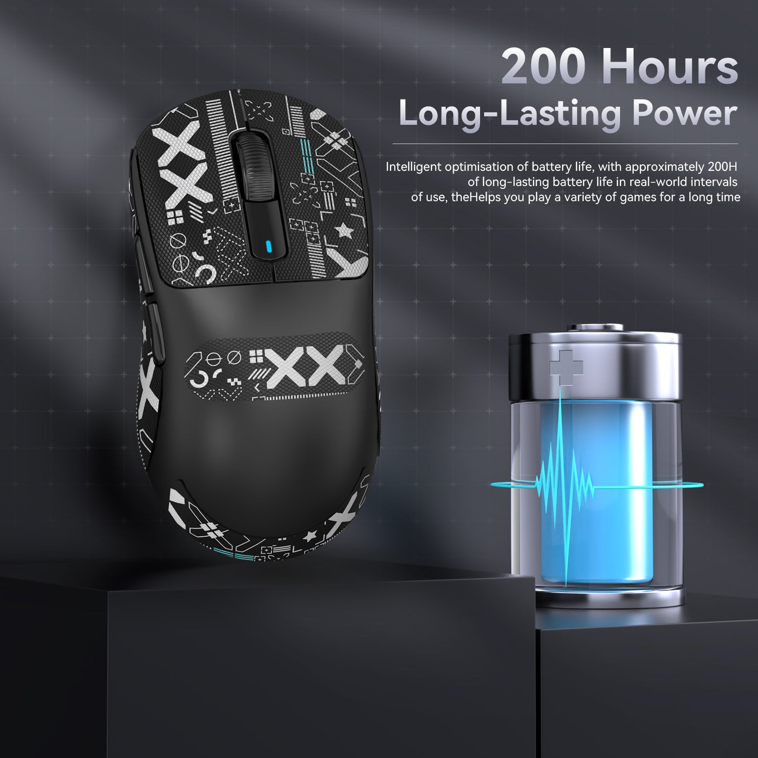 X3PRO gaming mouse highlighting 200 hours battery life with stylish design