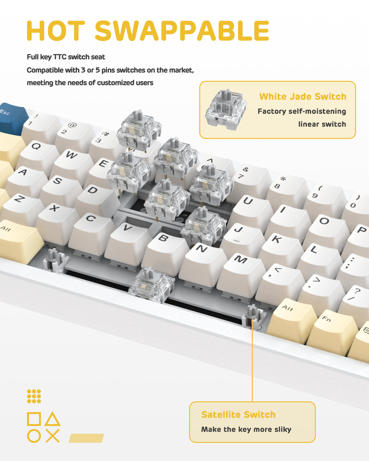 Close view of hot-swappable TTC switches on Attack Shark M71 keyboard.