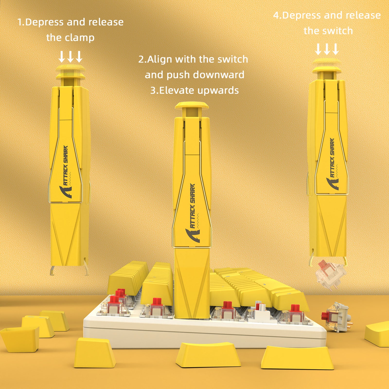 Attack Shark keycap and switch puller in action on keyboard, illustrating usage steps.