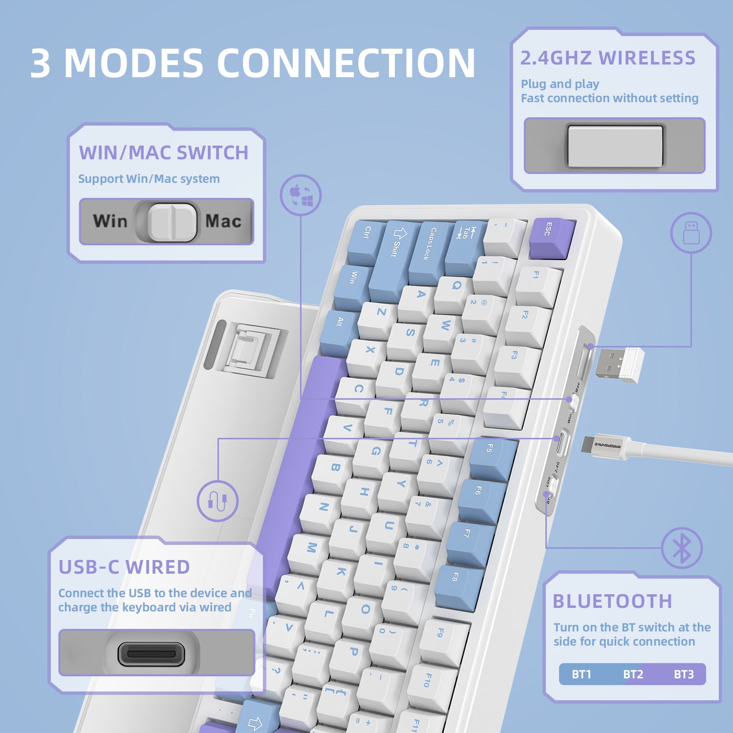 Attack Shark X85 keyboard connection modes: Win/Mac switch, USB-C, Bluetooth options.