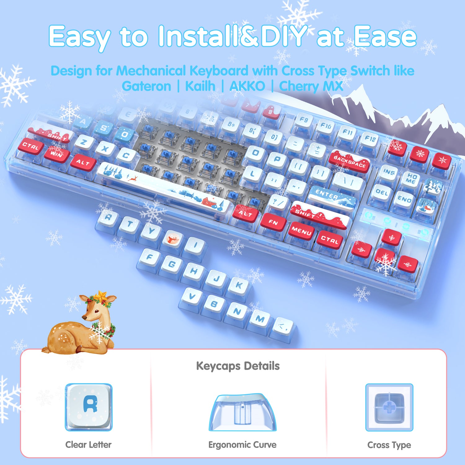 Clear blue and white mechanical keyboard with snowy animal keycaps