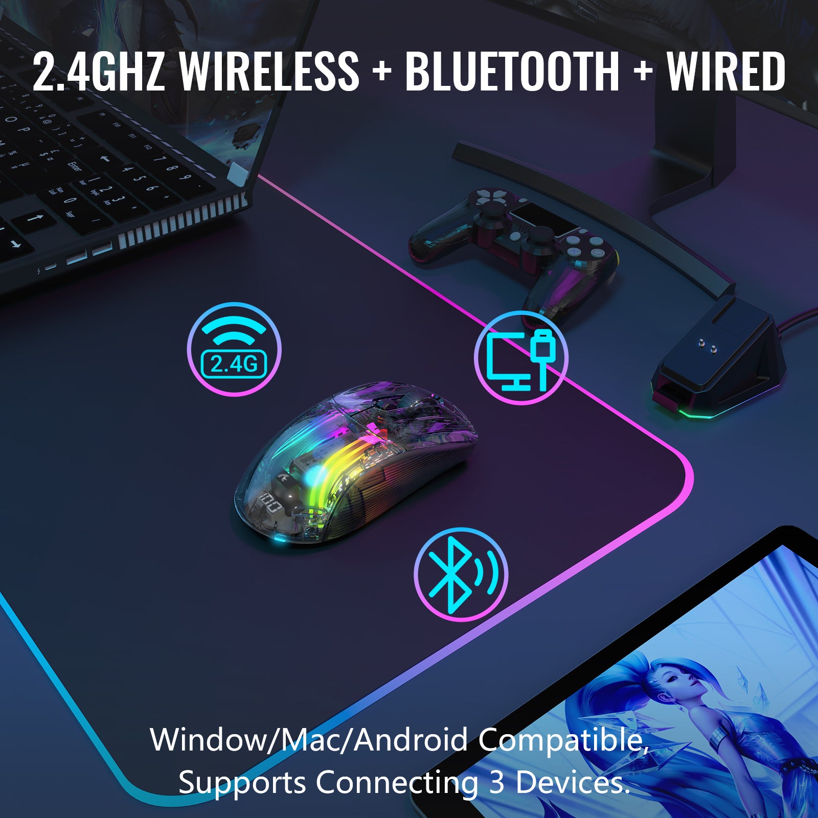 X2PRO gaming mouse showcasing tri-mode connectivity on gaming desk.