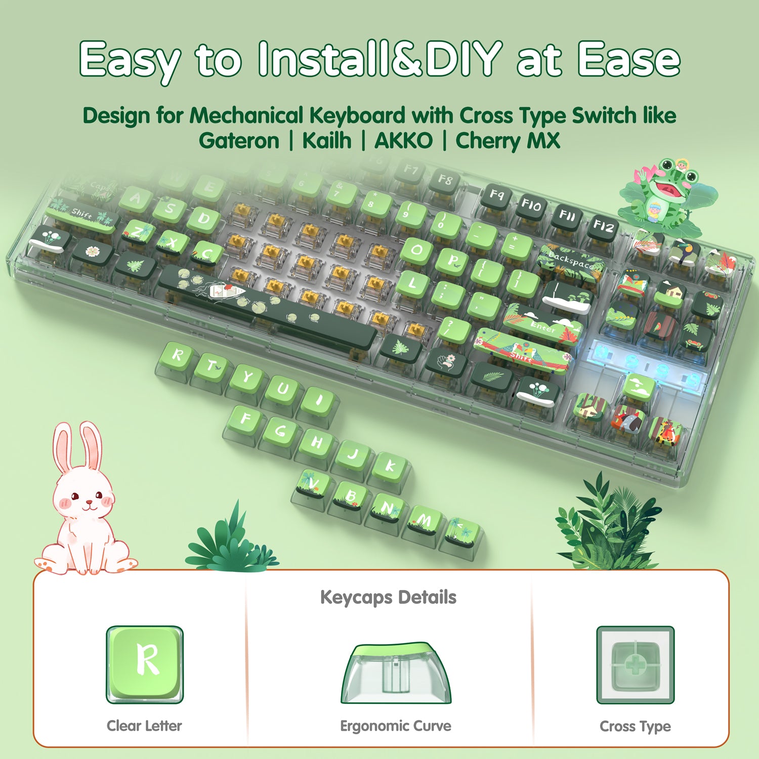 Clear mechanical keyboard with green ergonomic keycaps and cute bunny designs, easy DIY.