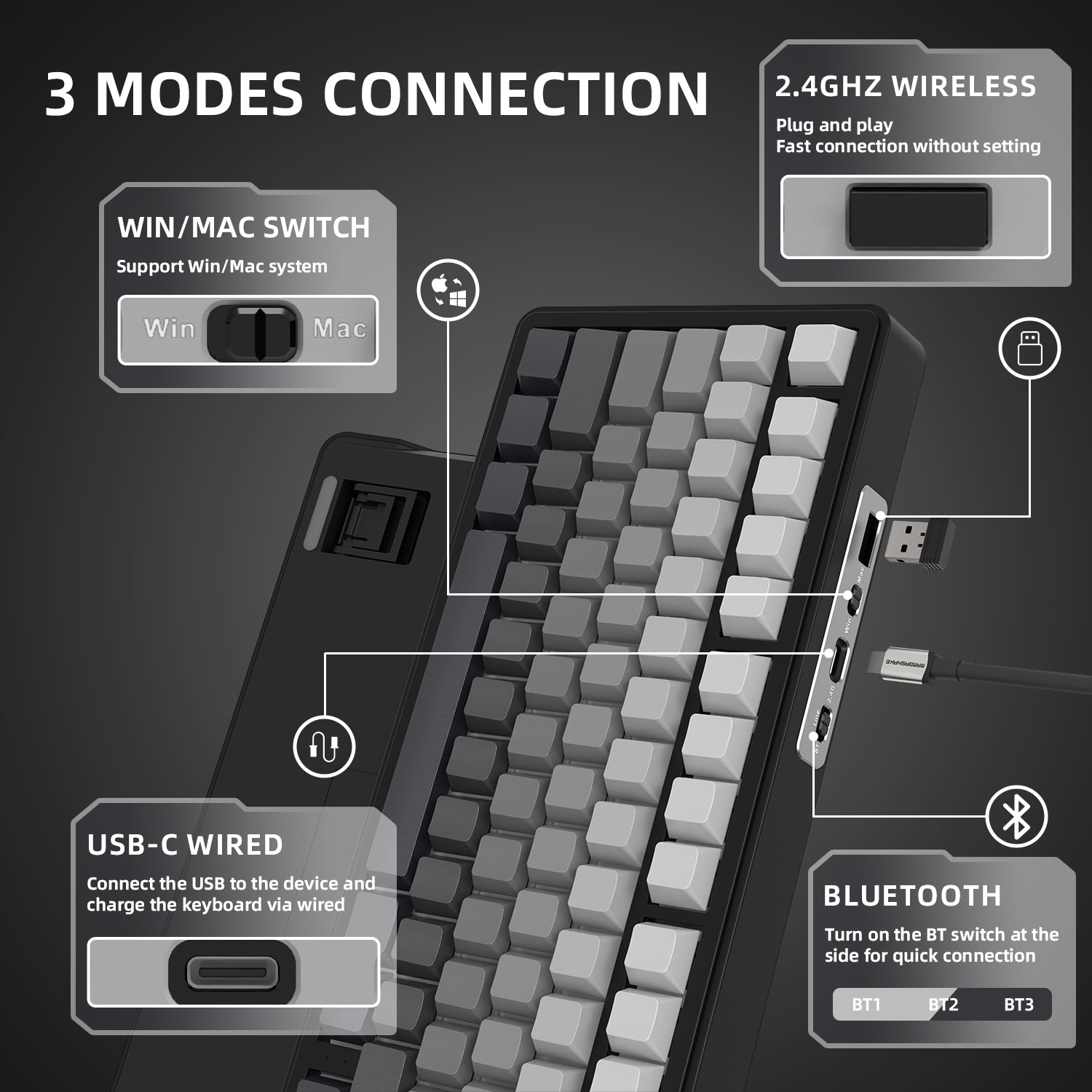 Attack Shark X85 keyboard showing triple connection modes: Bluetooth, USB-C, and Win/Mac switch.