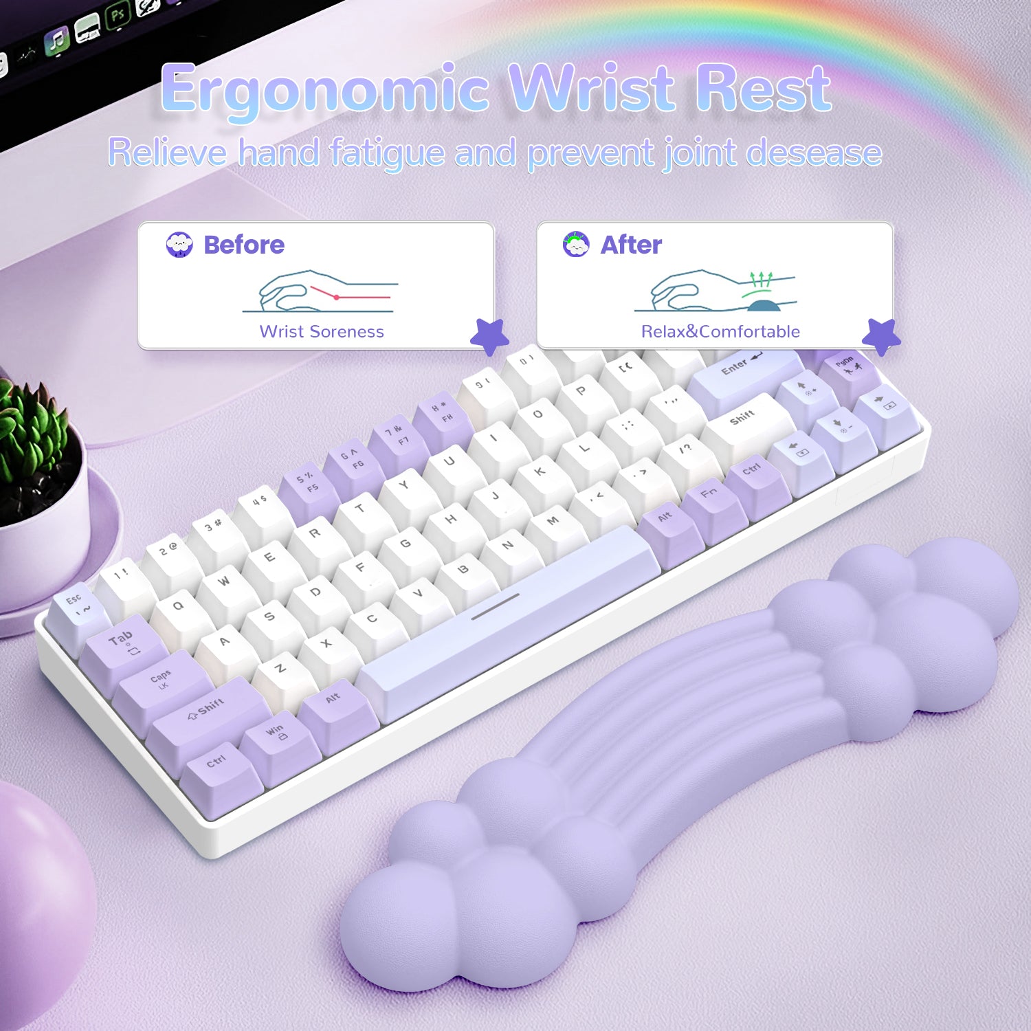 Ergonomic rainbow cloud wrist rest demonstrating comfort benefits with pastel keyboard.