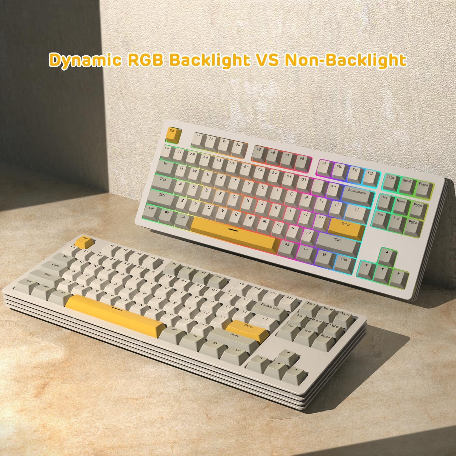 AJAZZ AKC087 keyboard demonstrating dynamic RGB backlight vs non-backlight