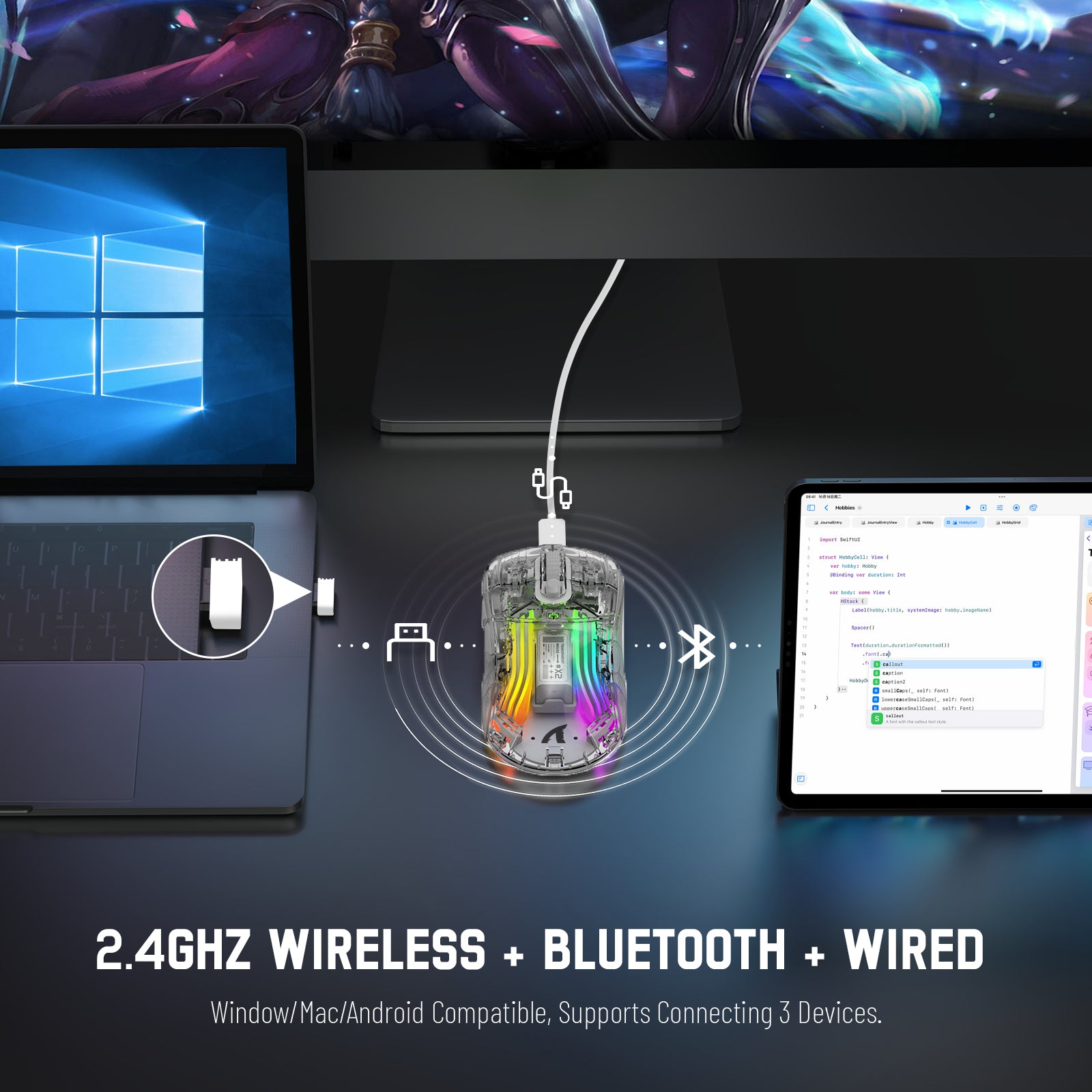 Attack Shark X2 wireless gaming mouse showcasing tri-mode connectivity options with USB-C cable.