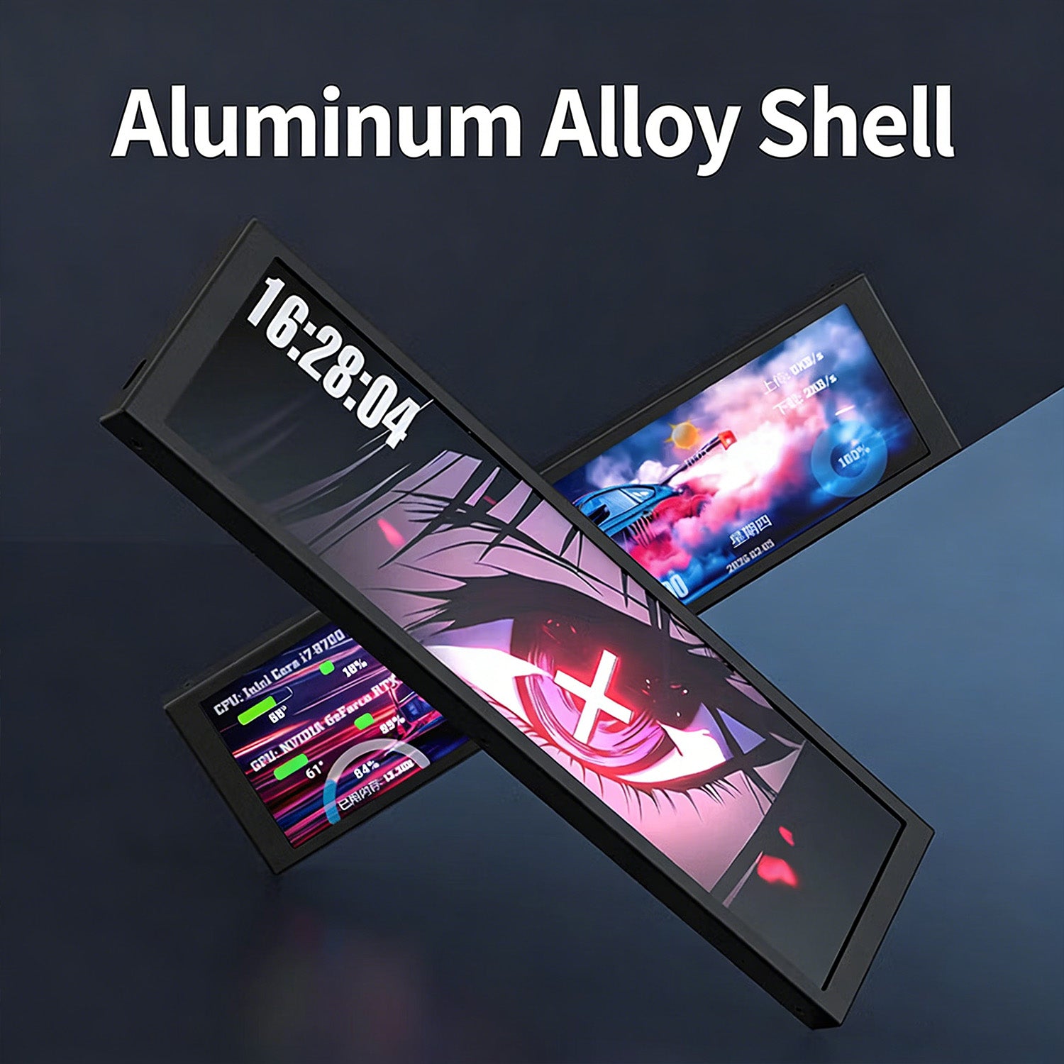 ATTACK SHARK AJAZZ 9.2-inch IPS LCD monitor with aluminum case showing PC stats and anime art.