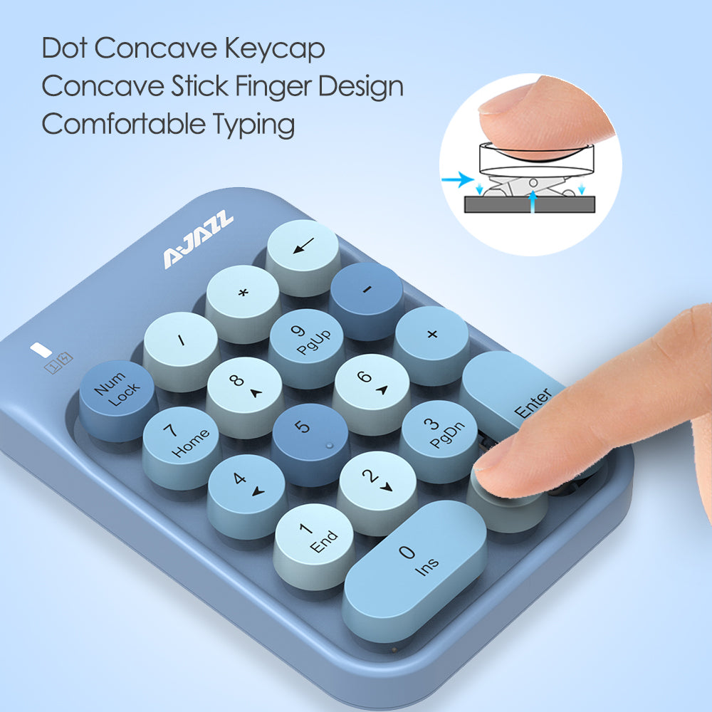 Light blue AJAZZ AK18 wireless numeric keypad with concave keycaps for ergonomic use.