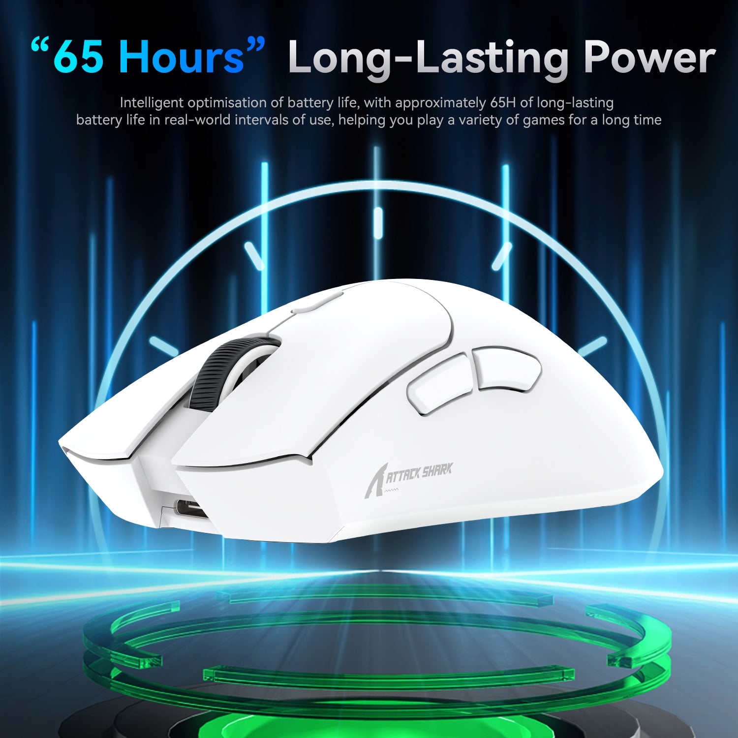 R1 Wireless Gaming Mouse highlighting 65-hour battery life against a futuristic backdrop.