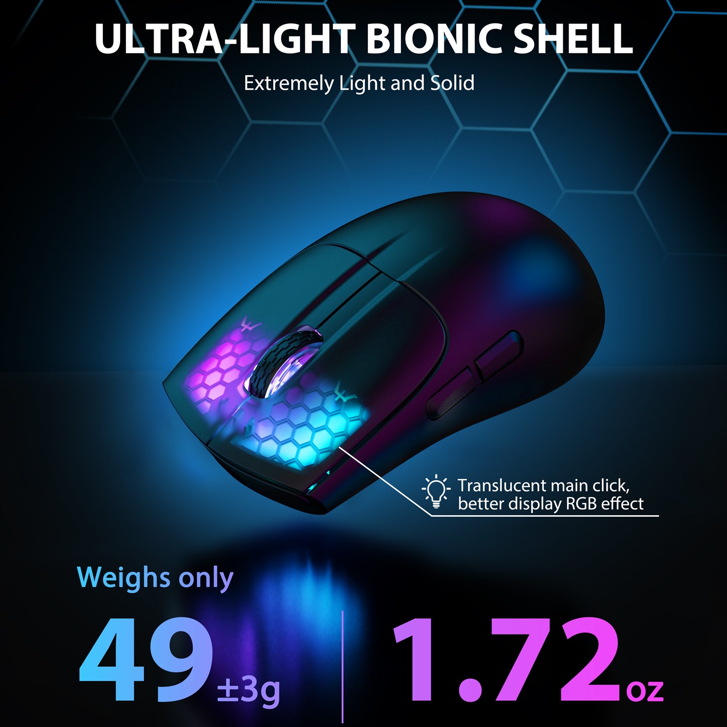 Attack Shark X5 wireless gaming mouse highlighting ultra-light bionic shell and RGB lighting.