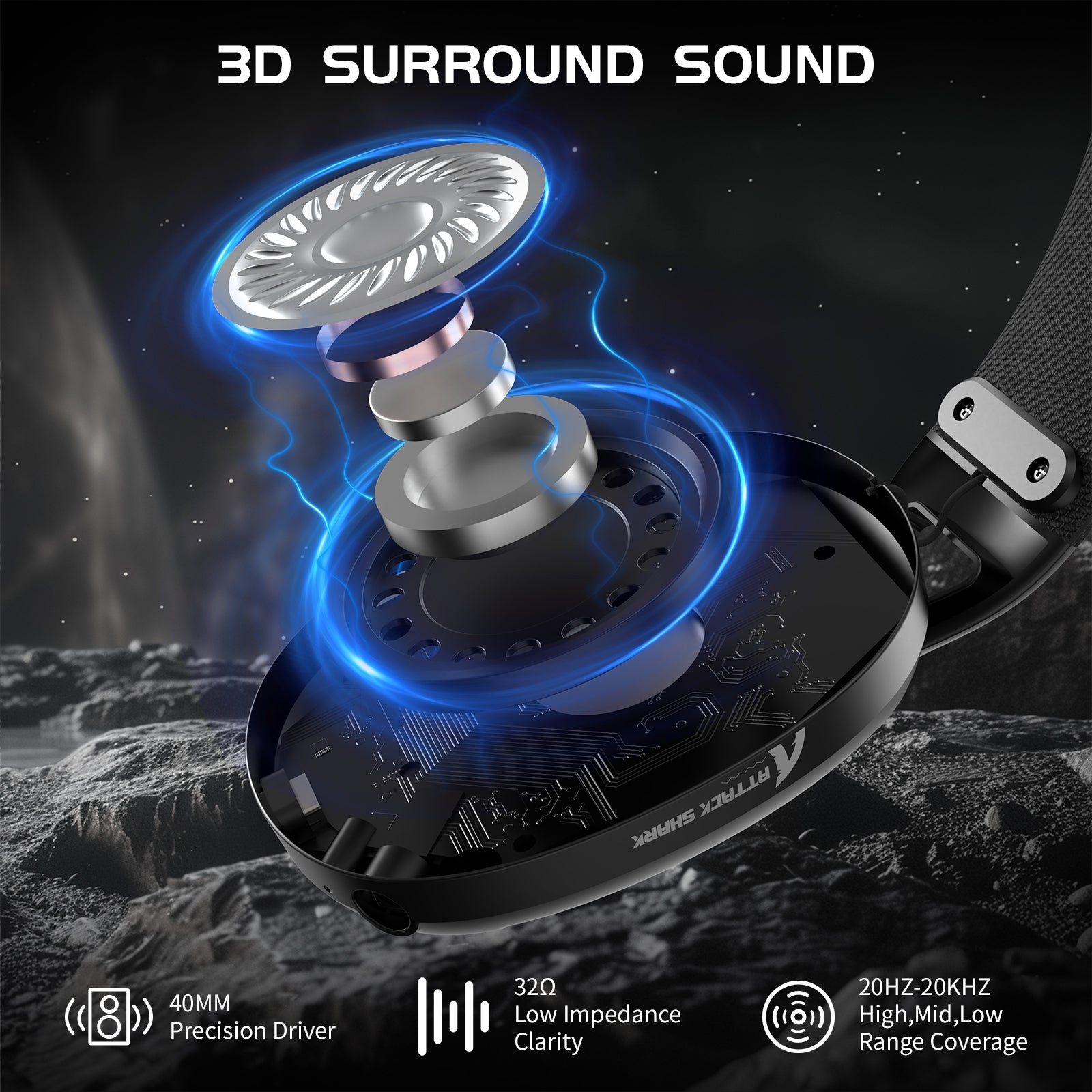 Attack Shark L80 headset 3D surround sound driver with 40mm precision technology.