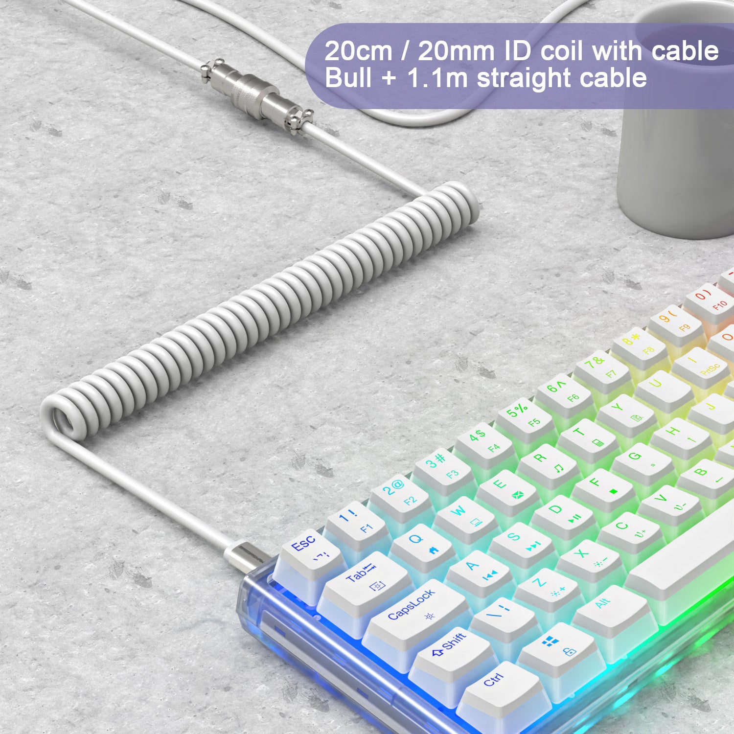 Coiled USB-C keyboard cable with reinforced aviation connector and RGB lighting.