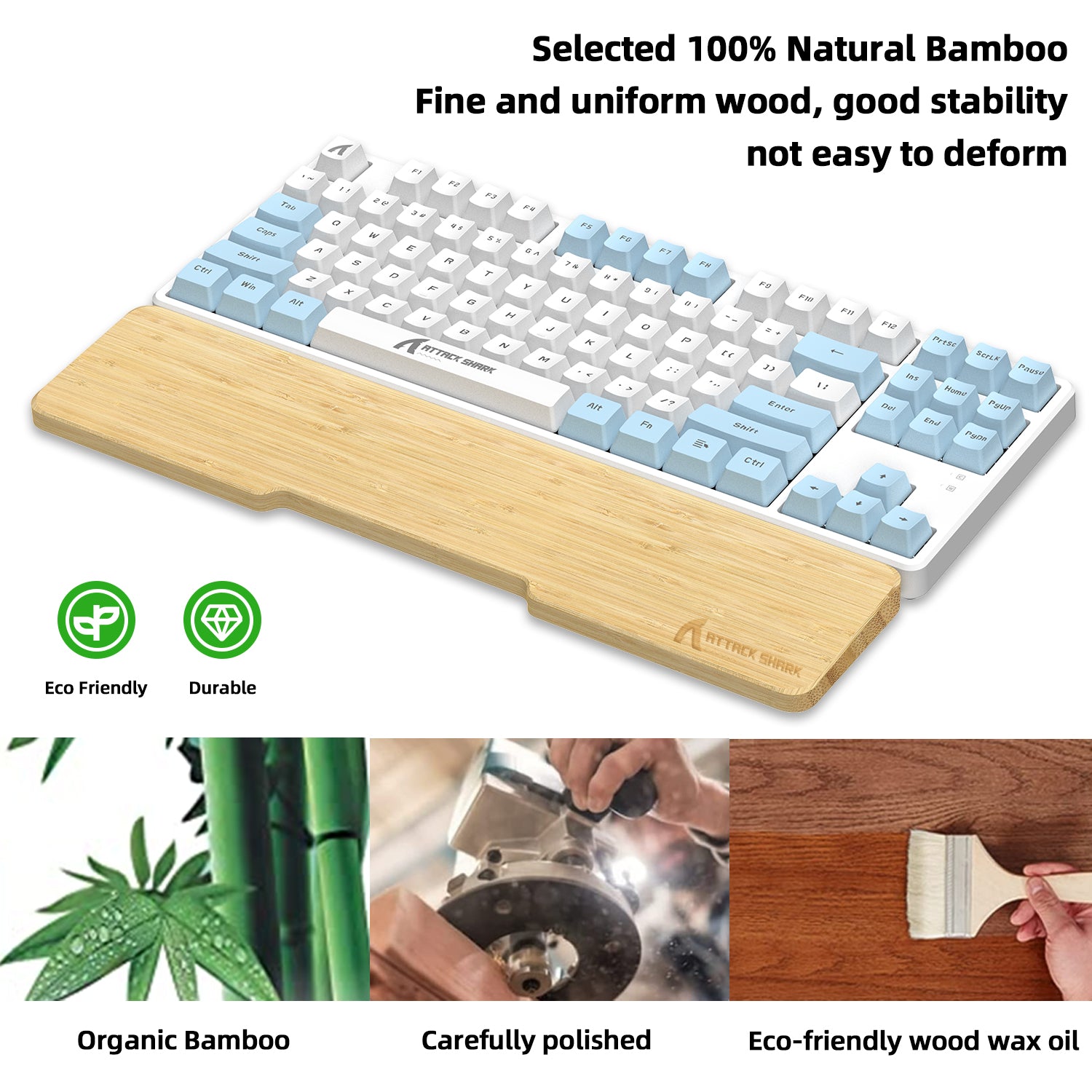 Eco-friendly bamboo wrist rest with natural wooden base and compact blue-white keyboard.