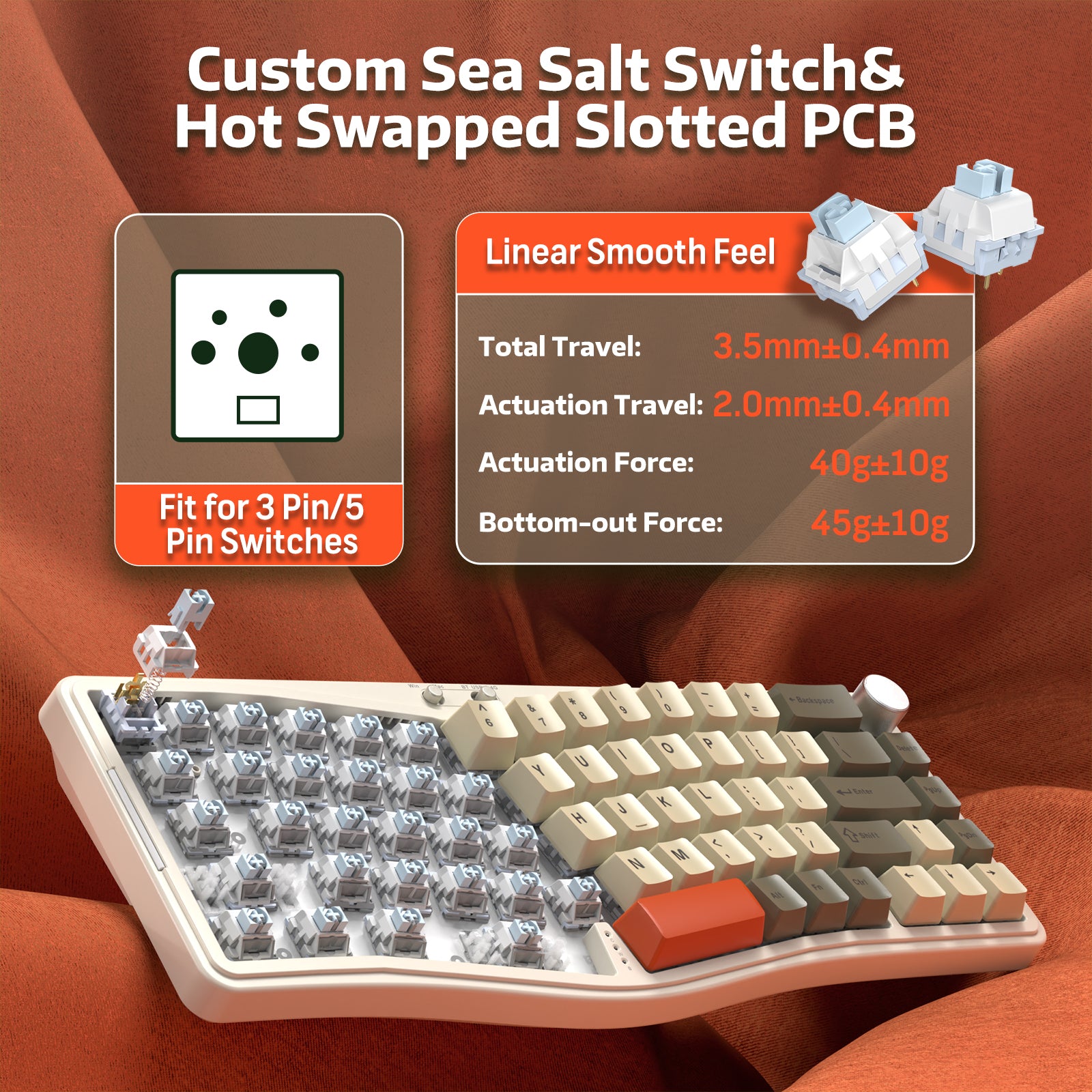 Custom sea salt switches for AKS068 PRO keyboard with hot-swappable PCB feature.