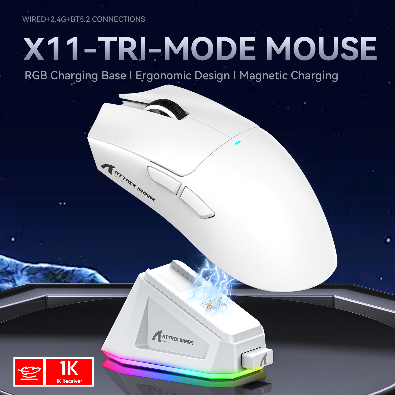 Attack Shark X11 tri-mode gaming mouse in white with RGB charging base