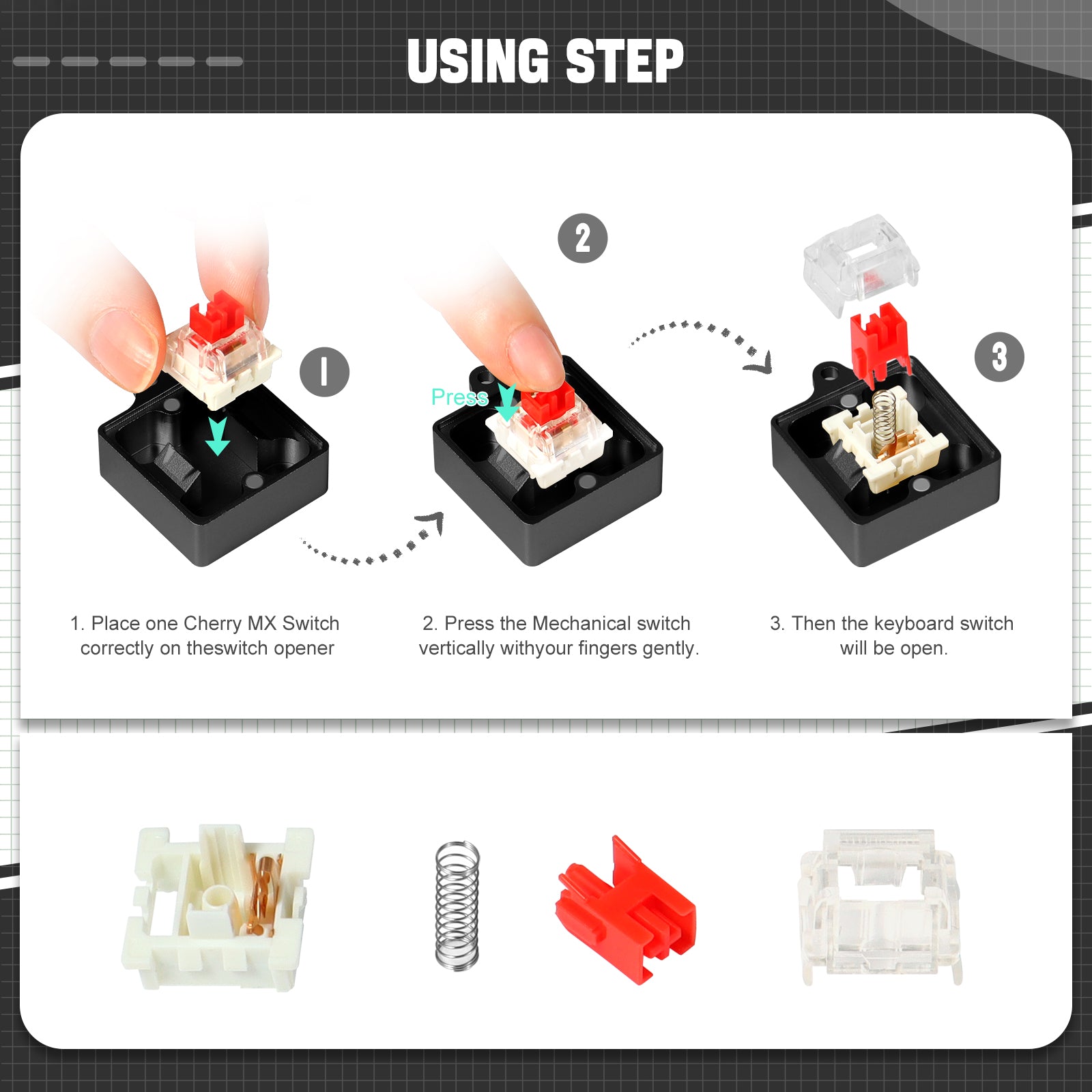 Instructions for using the switch opener kit on a Cherry MX switch.