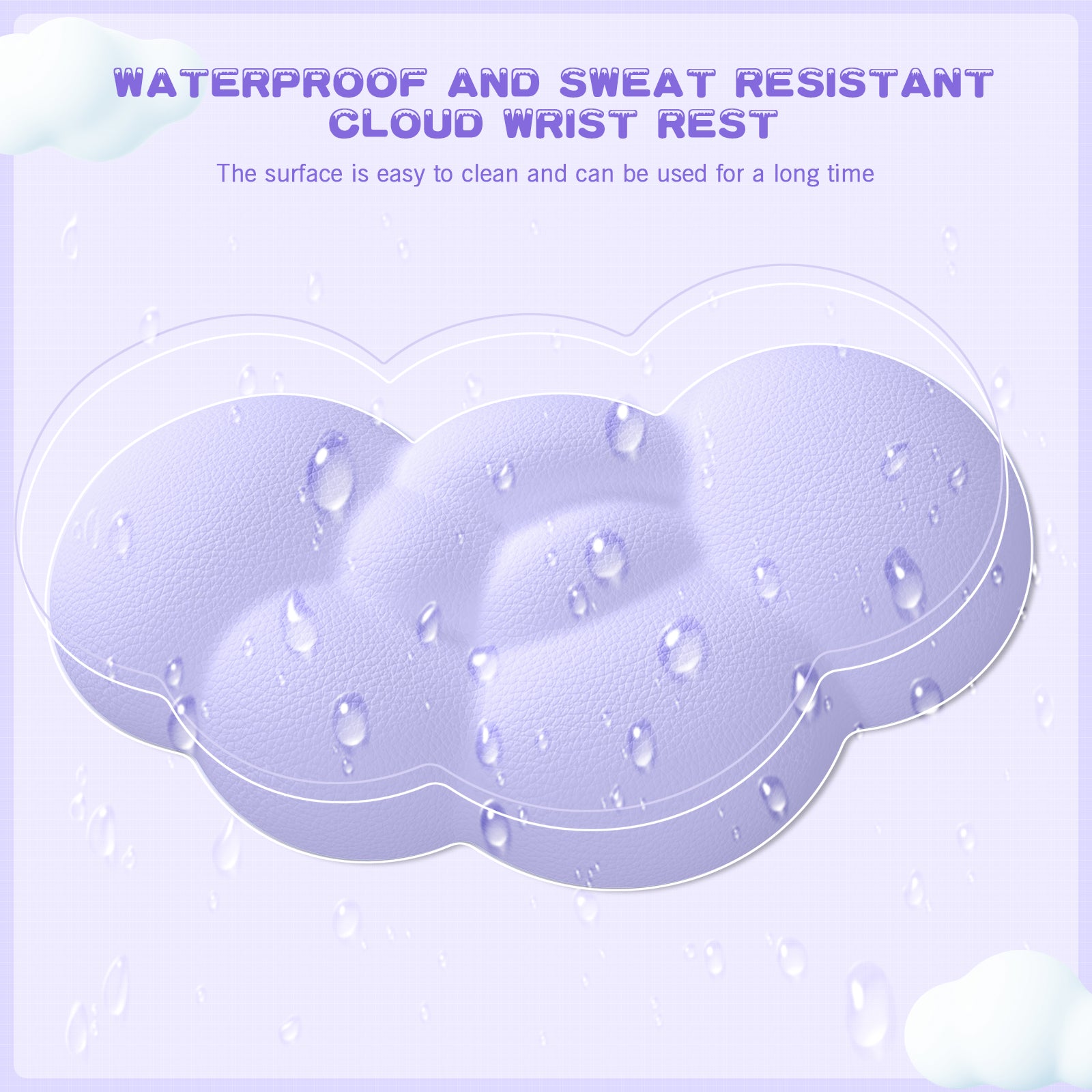 Waterproof and sweat-resistant lavender cloud wrist rest with droplets.